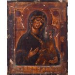 Ikone Russland um 1800"Gottesmutter Tikhwinskaia", Tempera auf Holz mit Oklad, 32 cm x 26,5 cmIcon