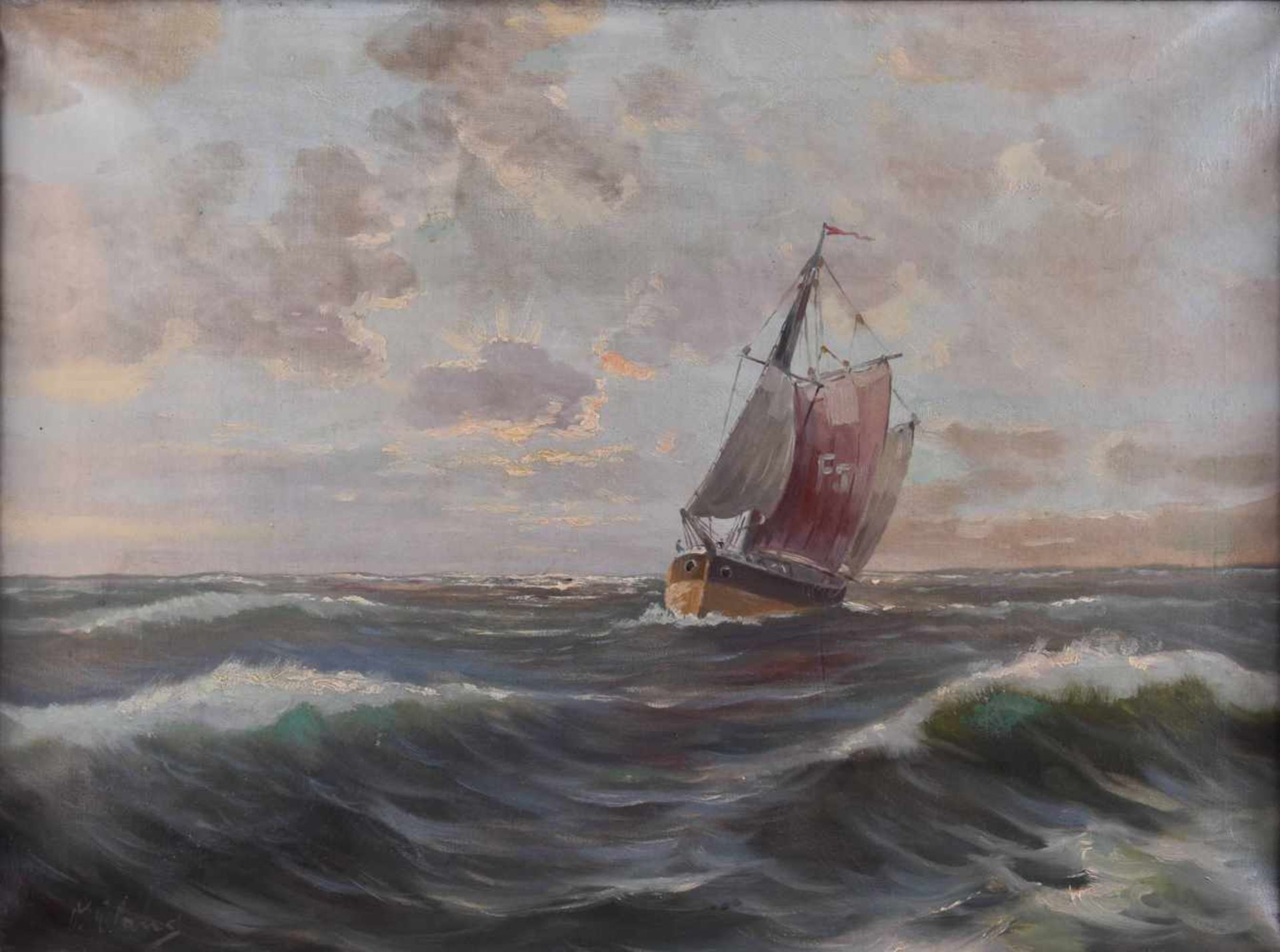 Künstler des 19. / 20. Jhd."Segelboot auf hoher See"Gemälde Öl/Leinwand, 44,5 cm x 59,5 cm, mit