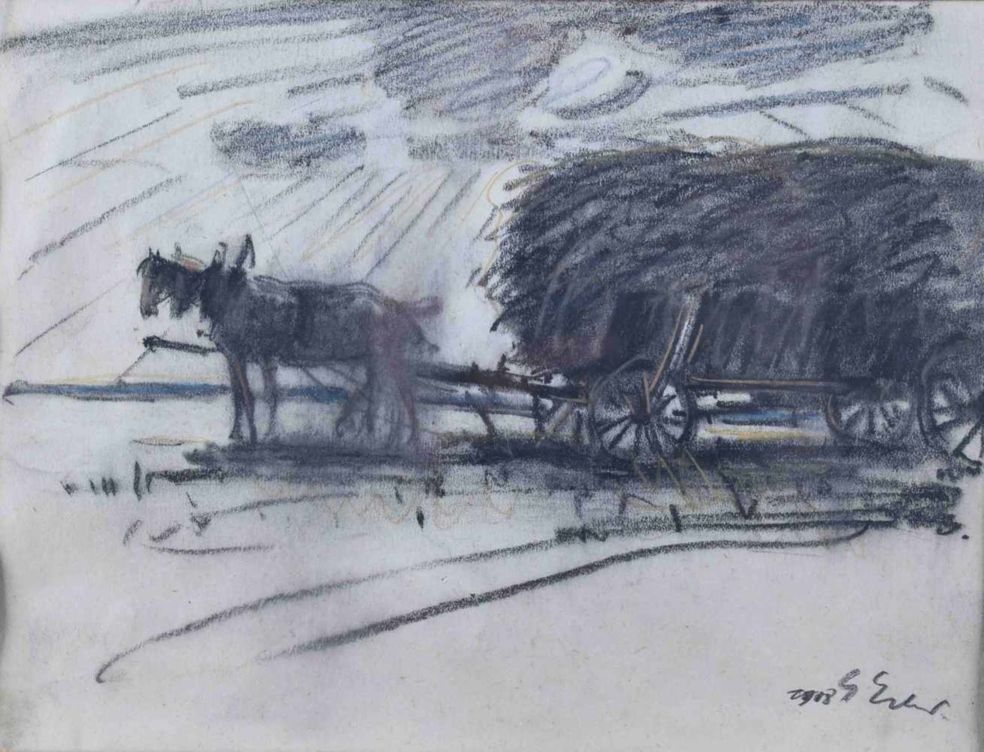 Erich ERLER (1870-1946)"Heuwagen mit Pferdegespann"Zeichnung-Mischtechnik, Kohle bunte Kreide,