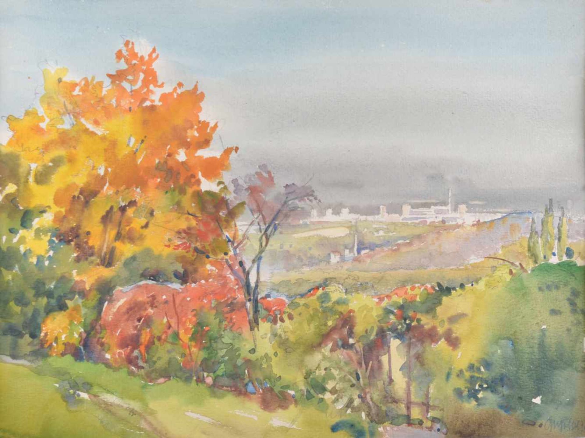 wohl Dresdner Künstler des 20. Jhd."Blick von Borthen nach Dresden"Zeichnung-Aquarell, 36 cm x 48