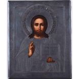 Ikone Russland 19. Jhd."Jesus Christus Pantokrato", mit Silberoklad, Moskau 1881, Tempera auf