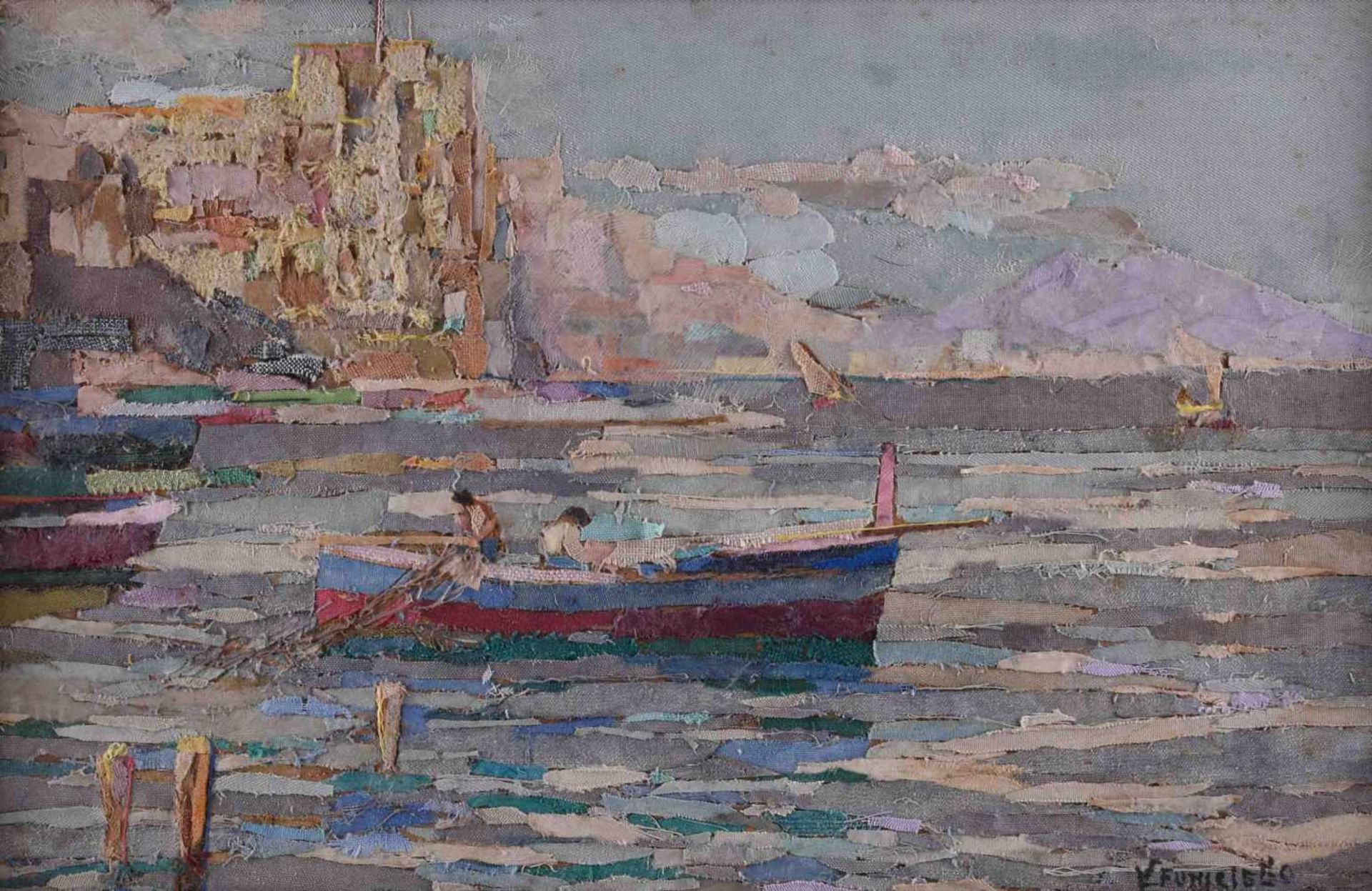 Vincenzo FUNICIELLO (1905-c.1955)"Ischia"Collage mit Stoff auf Hartfaser, 26,5 cm x 41,5 cm,rechts