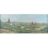 Monogrammist C.H."Landschaft mit Industriefläche und Kirche"Gemälde Öl auf Hartfaser, 30 cm x 74 cm,