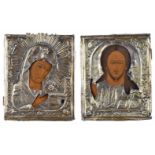 Paar Ikonen Russland 19. Jhd."Christus und Gottesmutter",mit Metalloklad, Tempera auf Holz, 37 cm