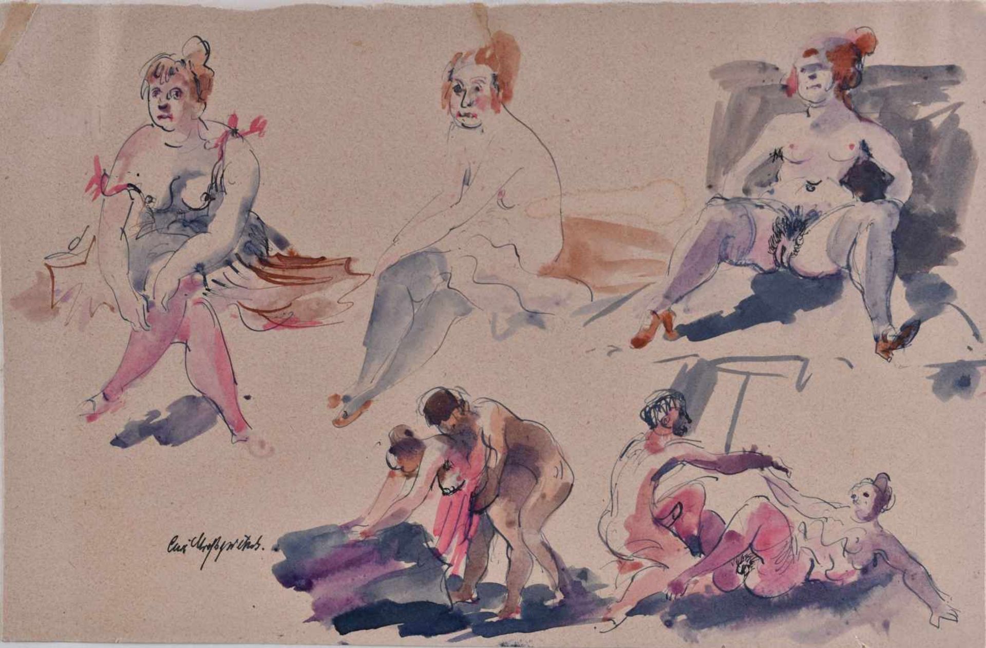 Curt GROSSPIETSCH (1893-1980)"im Bordell"(um 1920)Zeichnung-Aquarell, 19 cm x 29 cm, am Rand