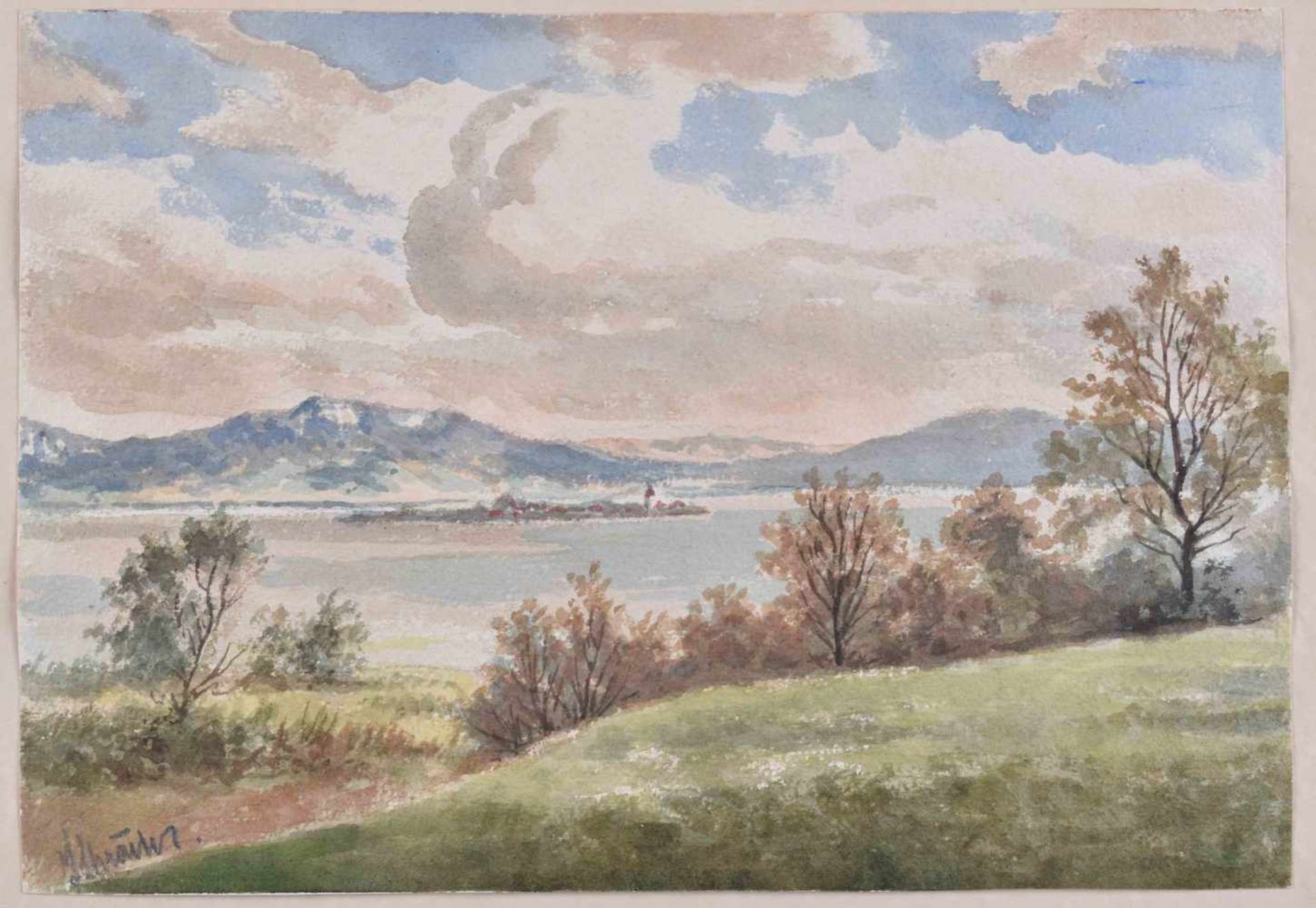 Kreuzer 19. / 20. Jhd, Chiemsee-Maler"Chiemsee mit Fraueninsel"Zeichnung-Aquarell, 19,5 cm x 27,5