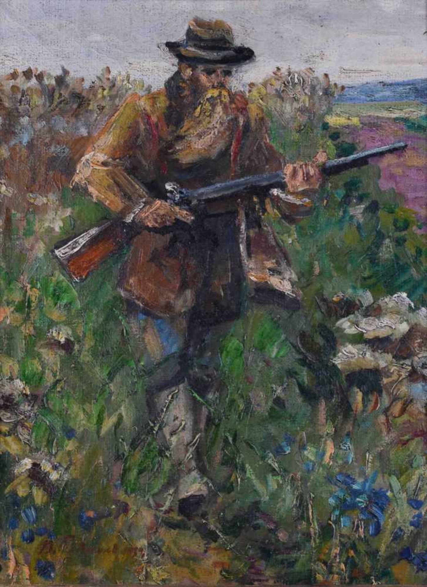 Russischer Künstler des 19. / 20. Jhd."auf der Jagd"Gemälde Öl/Leinwand-Karton, Sichtmaß 39 cm x