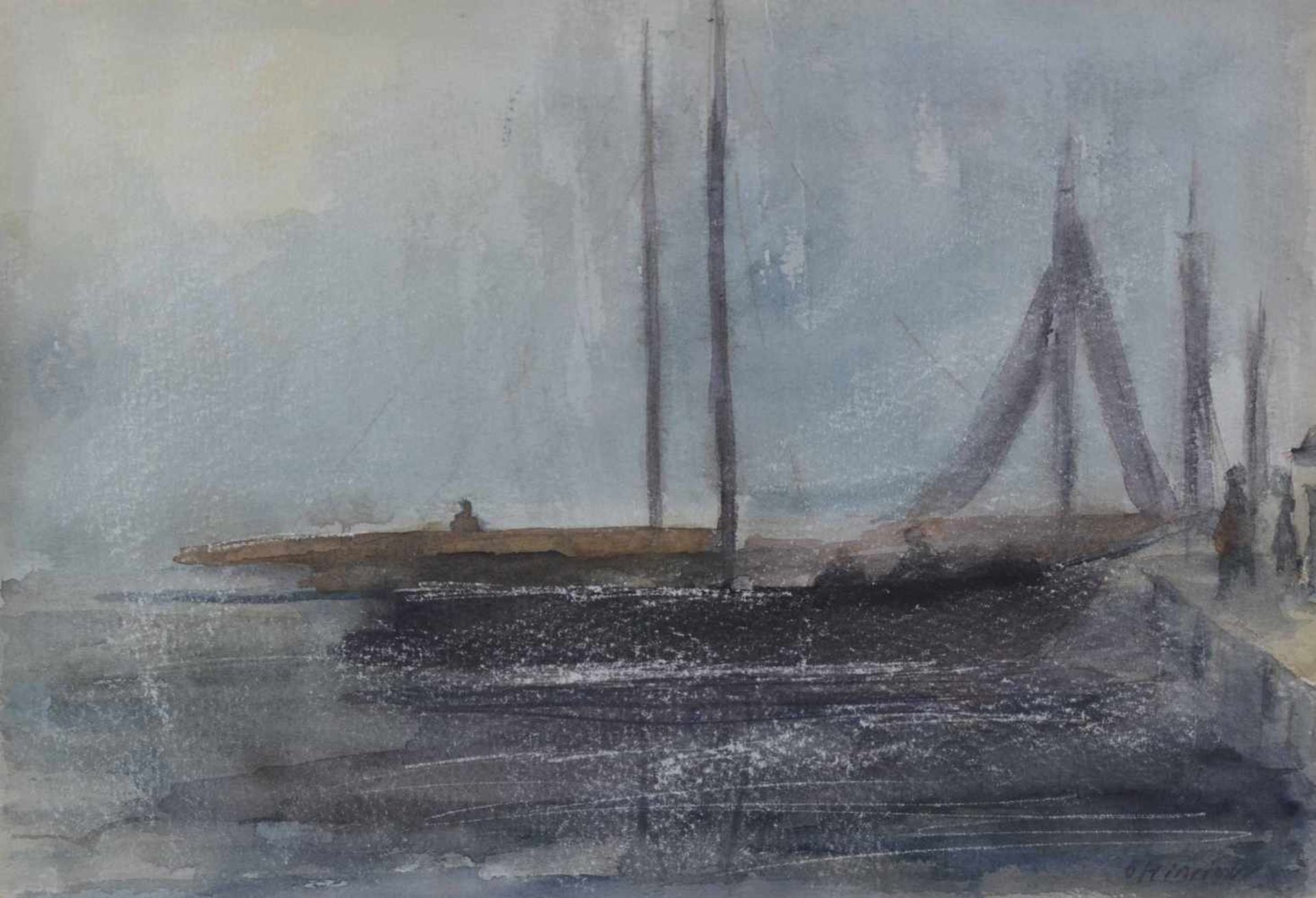 Carl HINRICHS (1903-1990)"Boote im Hafen"Zeichnung-Aquarell auf dünnem Karton, 21 cm 30 cm,rechts