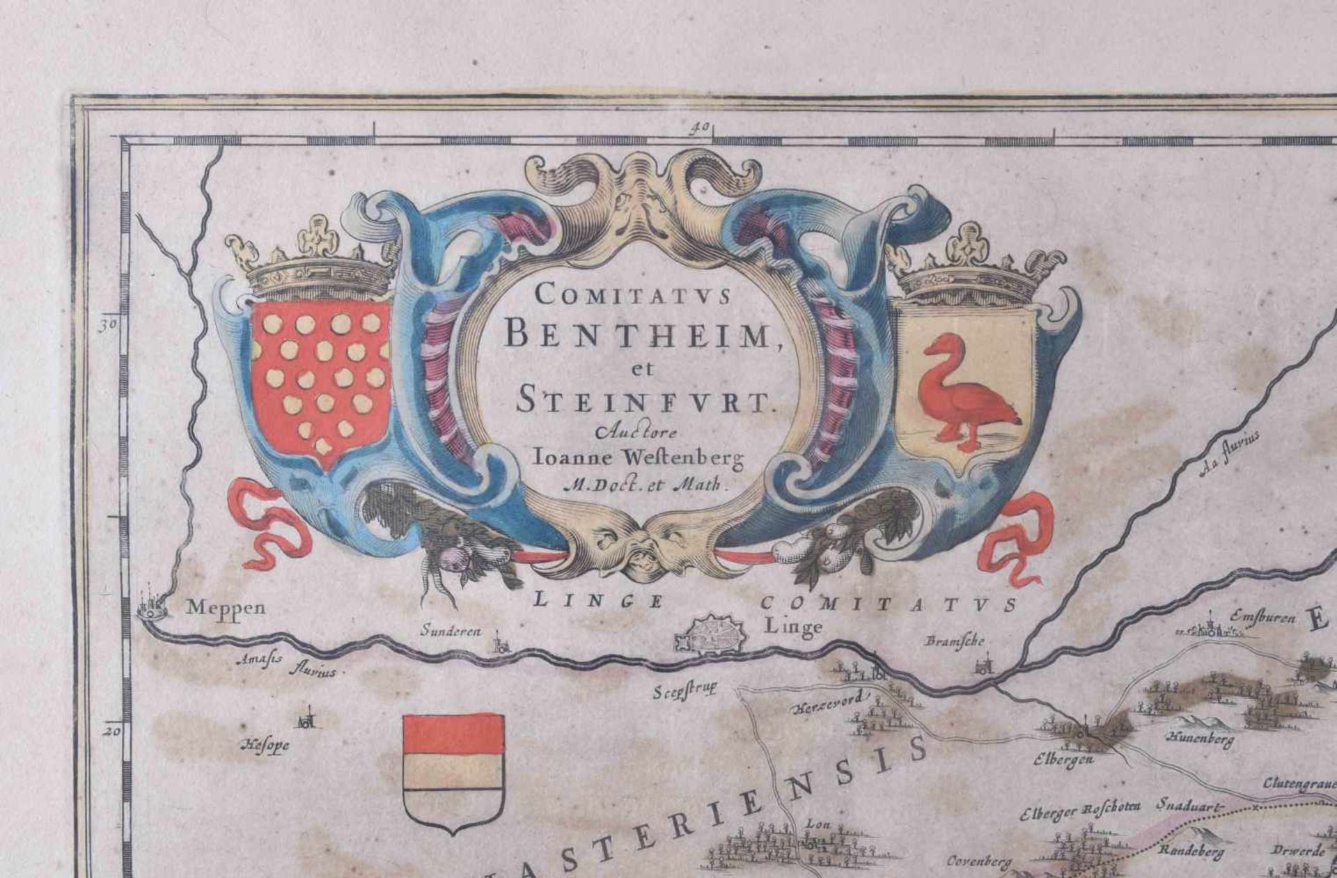 BENTHEIM. - Karte. "Comitatus Bentheim, et Steinfurt".Altkol. Kupferstich von Janssonius nach J. - Bild 2 aus 4