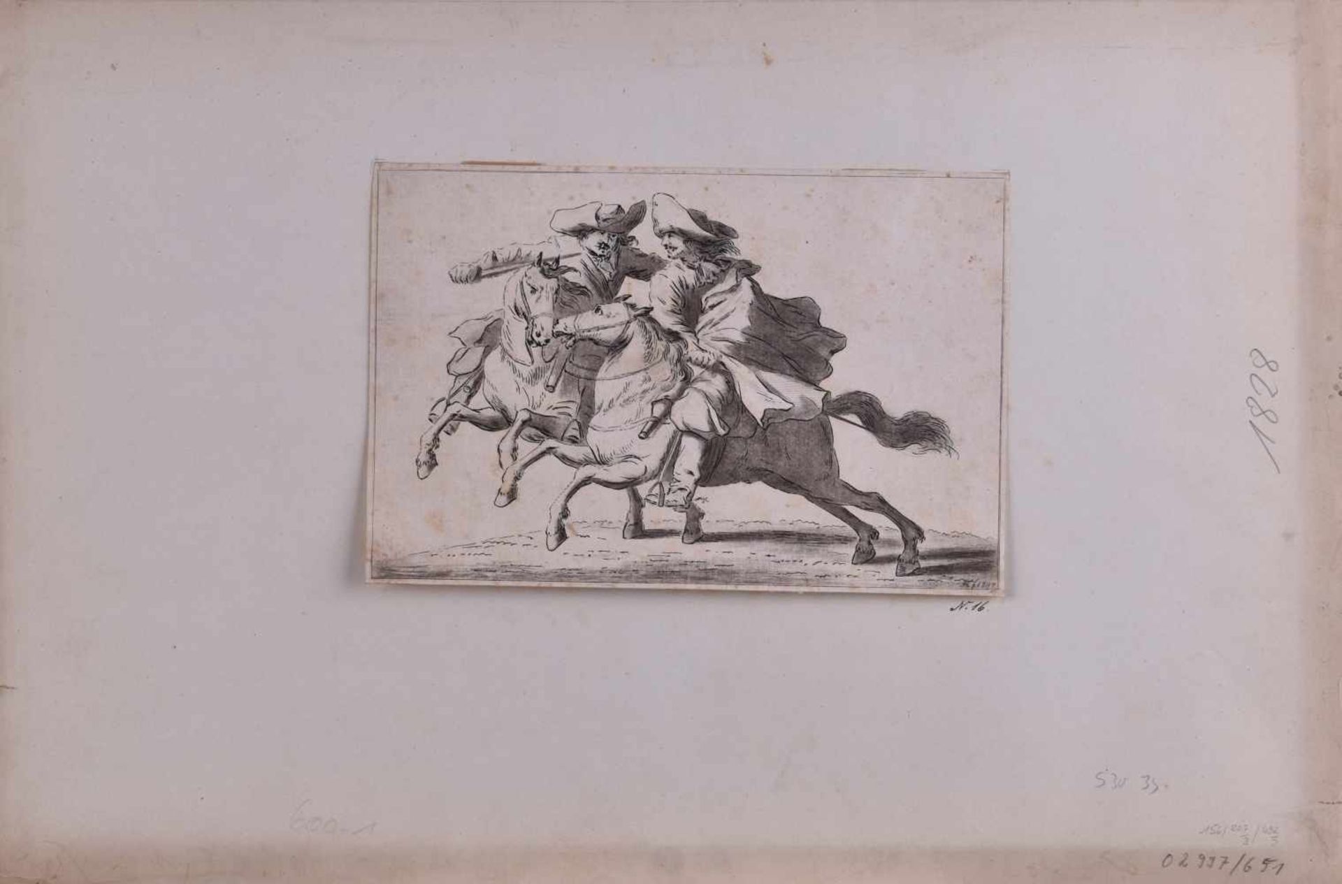 J.F. 18. Jhd."kämpfende Musketiere"Zeichnung, Tusche/Feder, 15 cm x 22,5 cm,Blatt etwas - Bild 2 aus 4