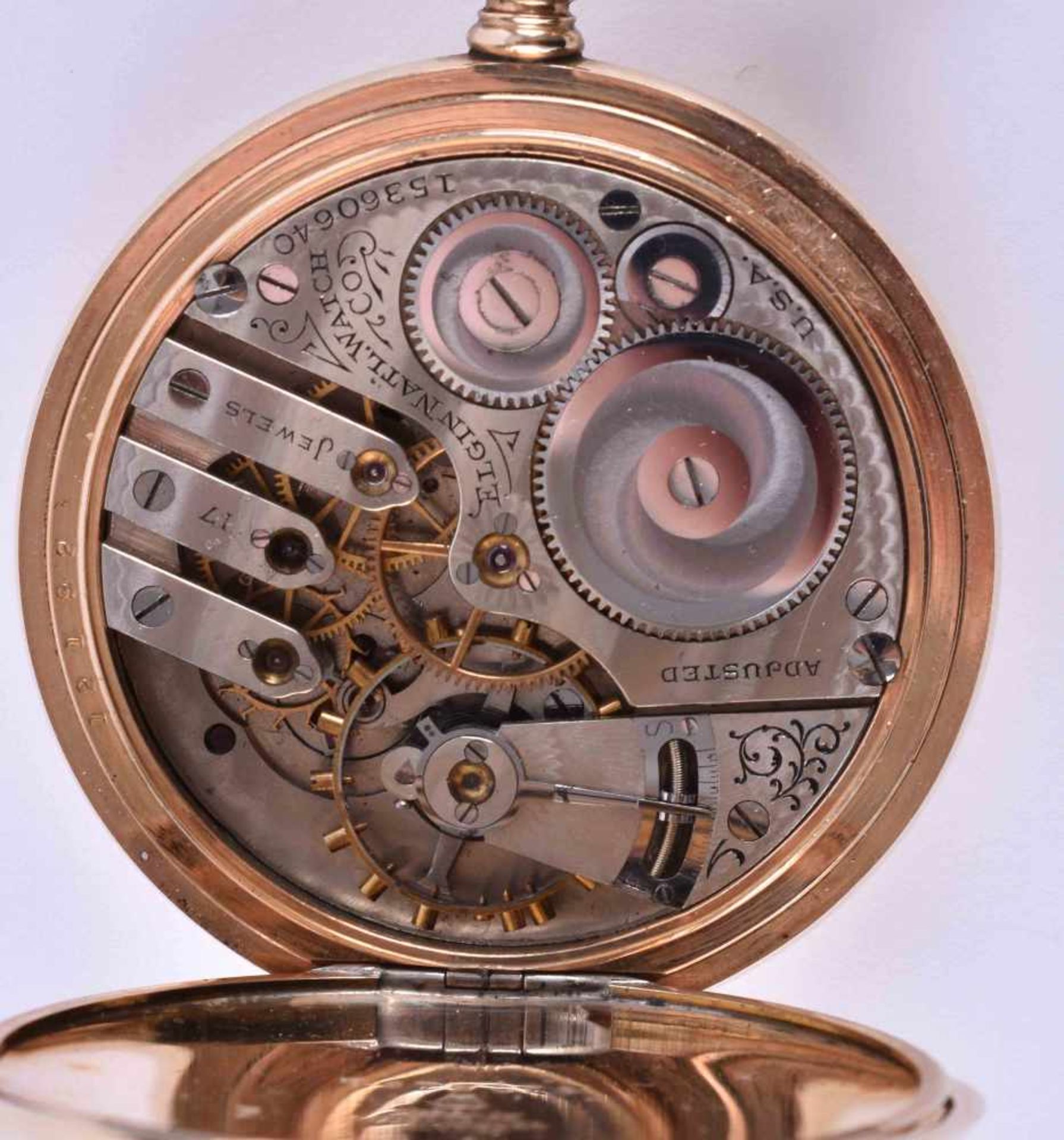 Taschenuhr Elgin National Watch Co. um 1900vergoldetes Gehäuse mit Innendeckel, Werk 17 Steine, - Bild 5 aus 5