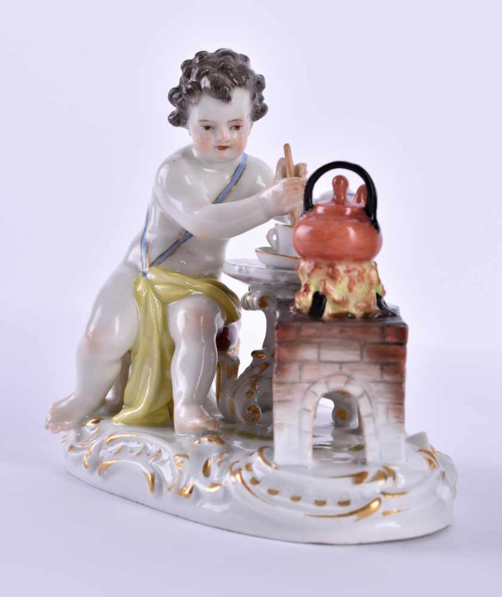 Meissen Figur, Allegorie des Feuerspolychrome Malerei, Goldstaffage, Entwurf Johann Joachim - Bild 4 aus 6