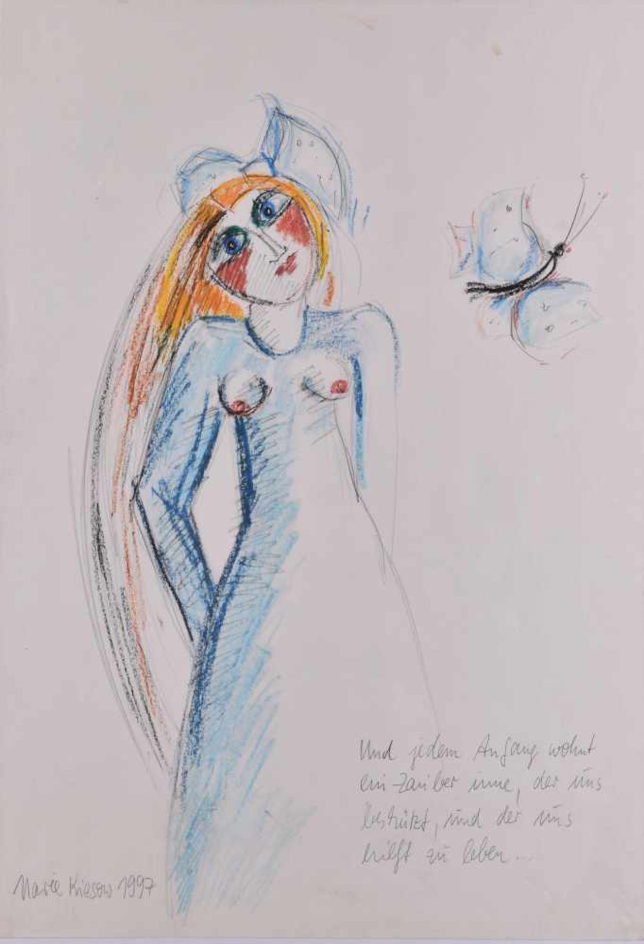 Marie KIESOW (21.Dezember 1943)"Selbstbildnis mit Schmetterling"Zeichnung, Graphit/Farbkreide, 53,