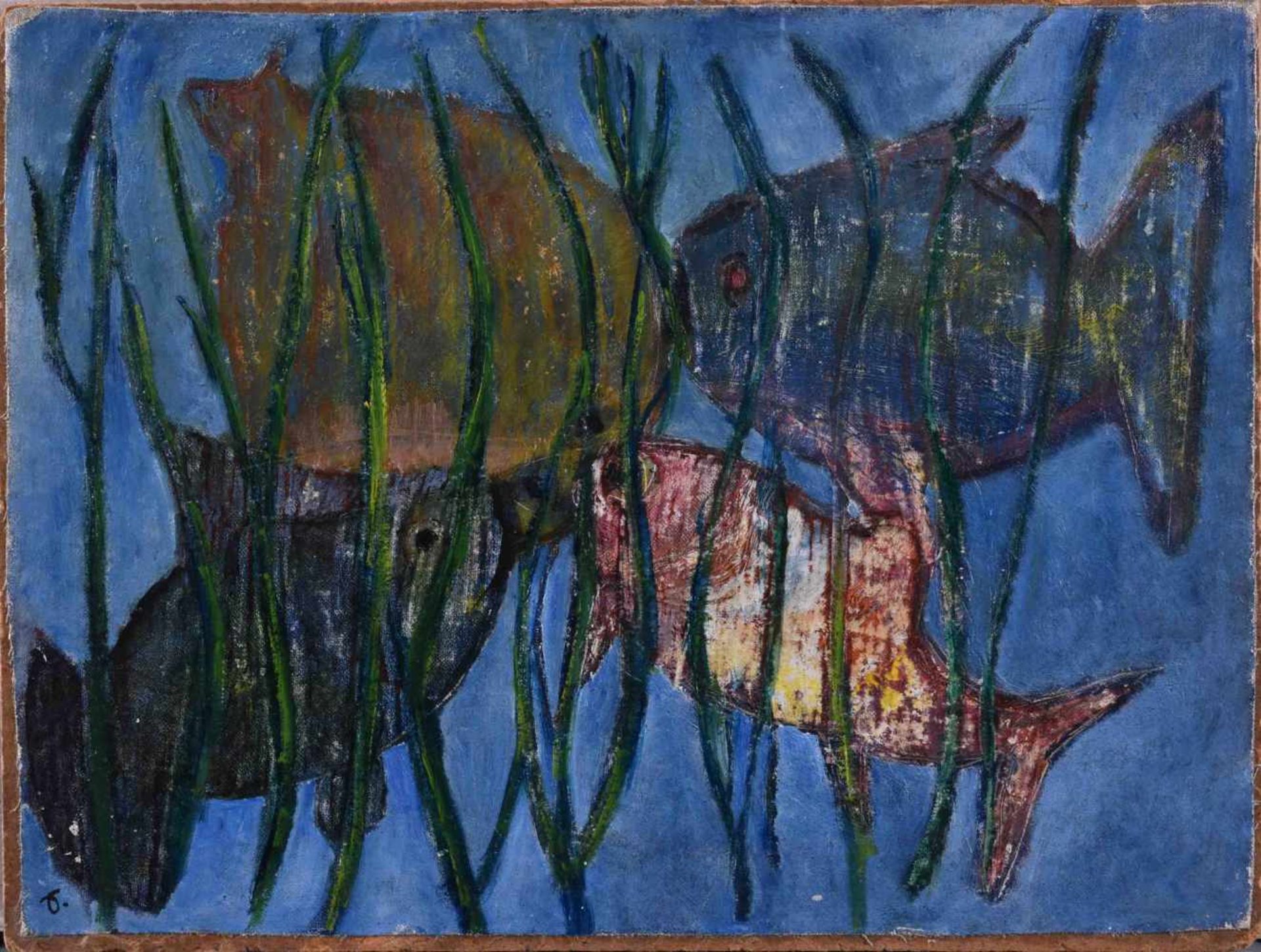 Robert Wolfgang SCHNELL (1916-1986)"vier Fische"Gemälde Öl/Leinwand-Hartfaser, 24 cm x 32 cm,links