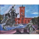 Nicole Weber 20. Jhd."Neptunbrunnen und rotes Rathaus"Gemälde Öl/Hartfaser, 23 cm x 30,5 cm, mit