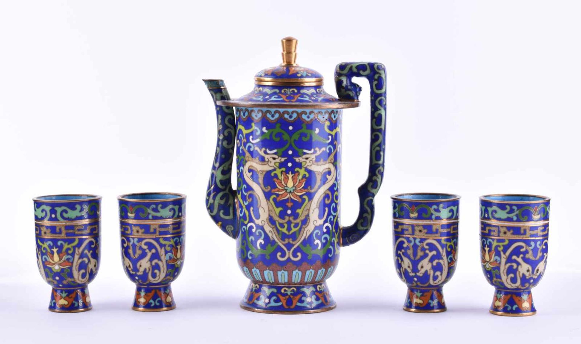 Cloisonne Moccaset6 tlg., für 4 Personen, 4 kl. Becher(H: 6,5 cm), 1 Kanne(H: 14,5 cm) und 1 Tablett - Bild 3 aus 5