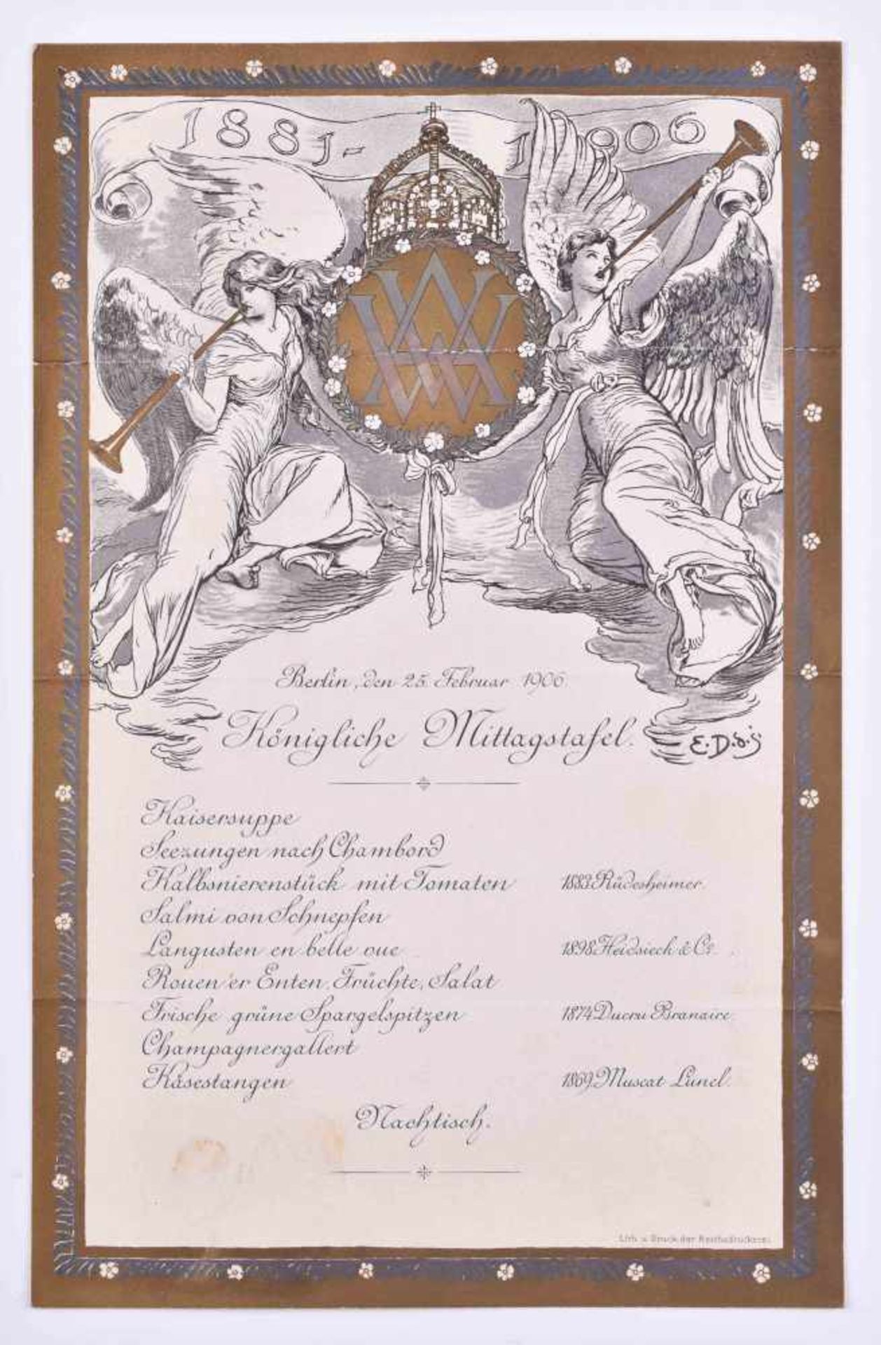 Speisekarte zur Königlichen Mittagstafel 25. Februar 1906Speisekarte anlässlich der Hochzeit des