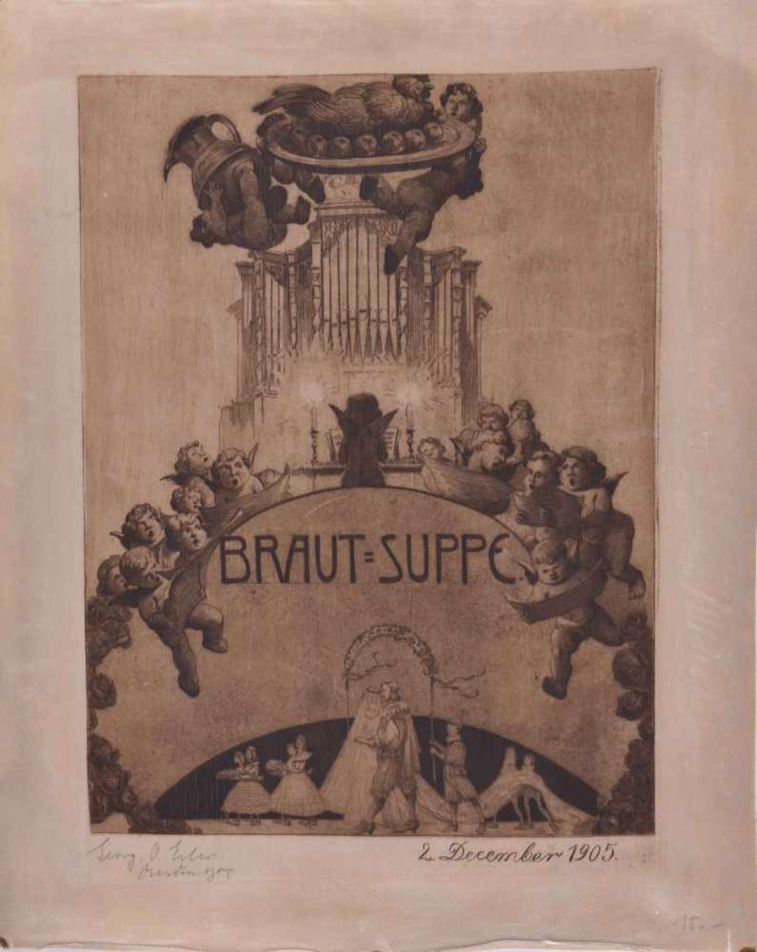 Georg ERLER (1871-1951)"Braut-Suppe" (1905)Grafik-Radierung auf Seide, 33 cm x 26,5 cm,links unten