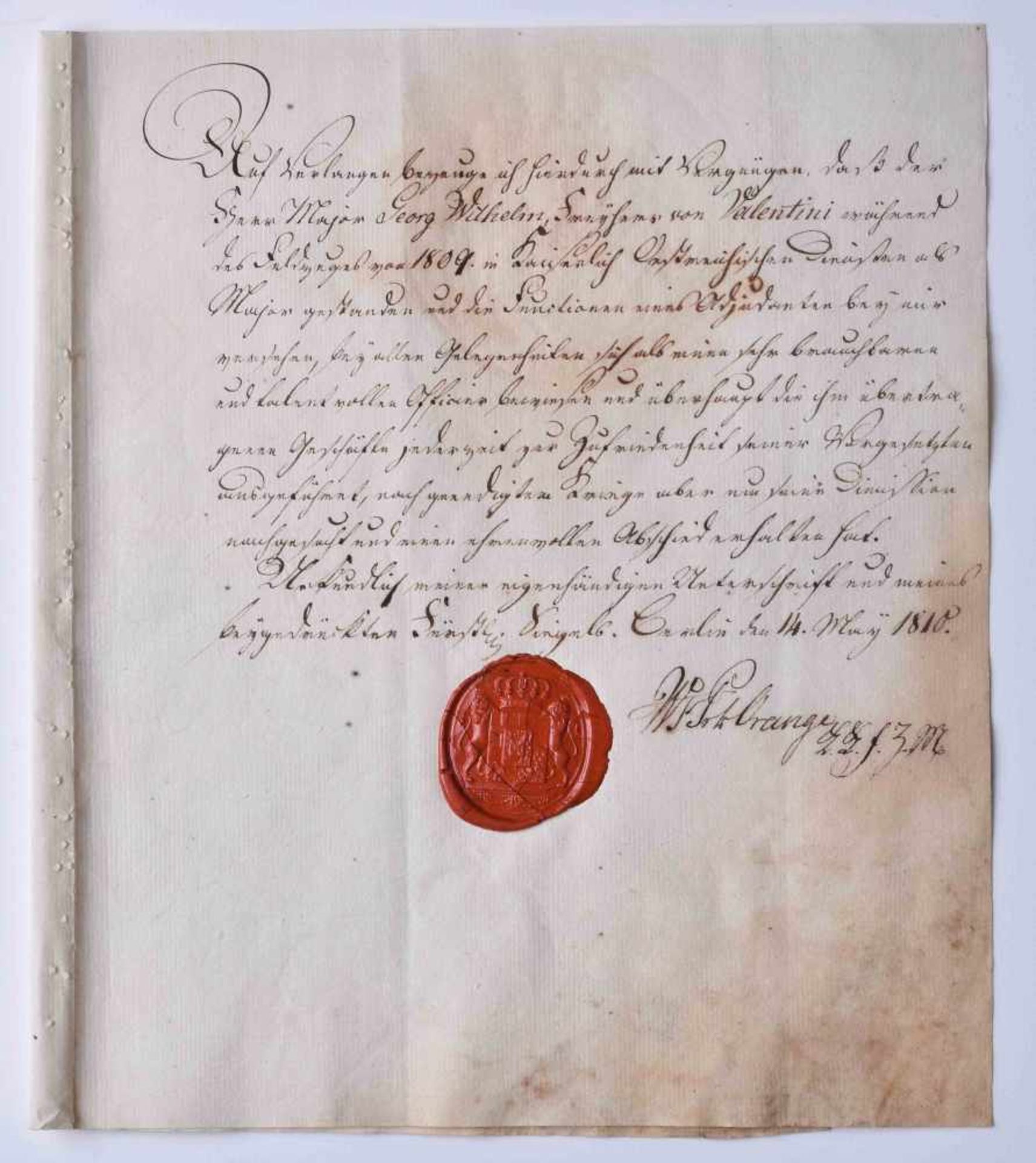 Handschreiben von Prinz Wilhelm von OranienSchreiben an Major Georg Wilhelm von Valentini, Berlin