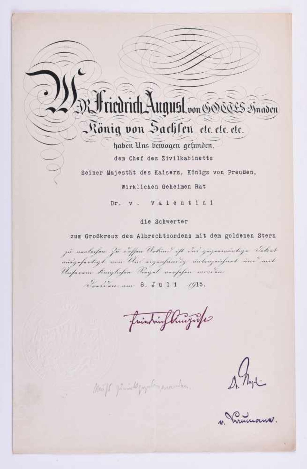 Sachsen, Verleihungsurk. Schwerter Großkreuz Albrechtsordens mit gold. Stern 9. Juli 1915Die