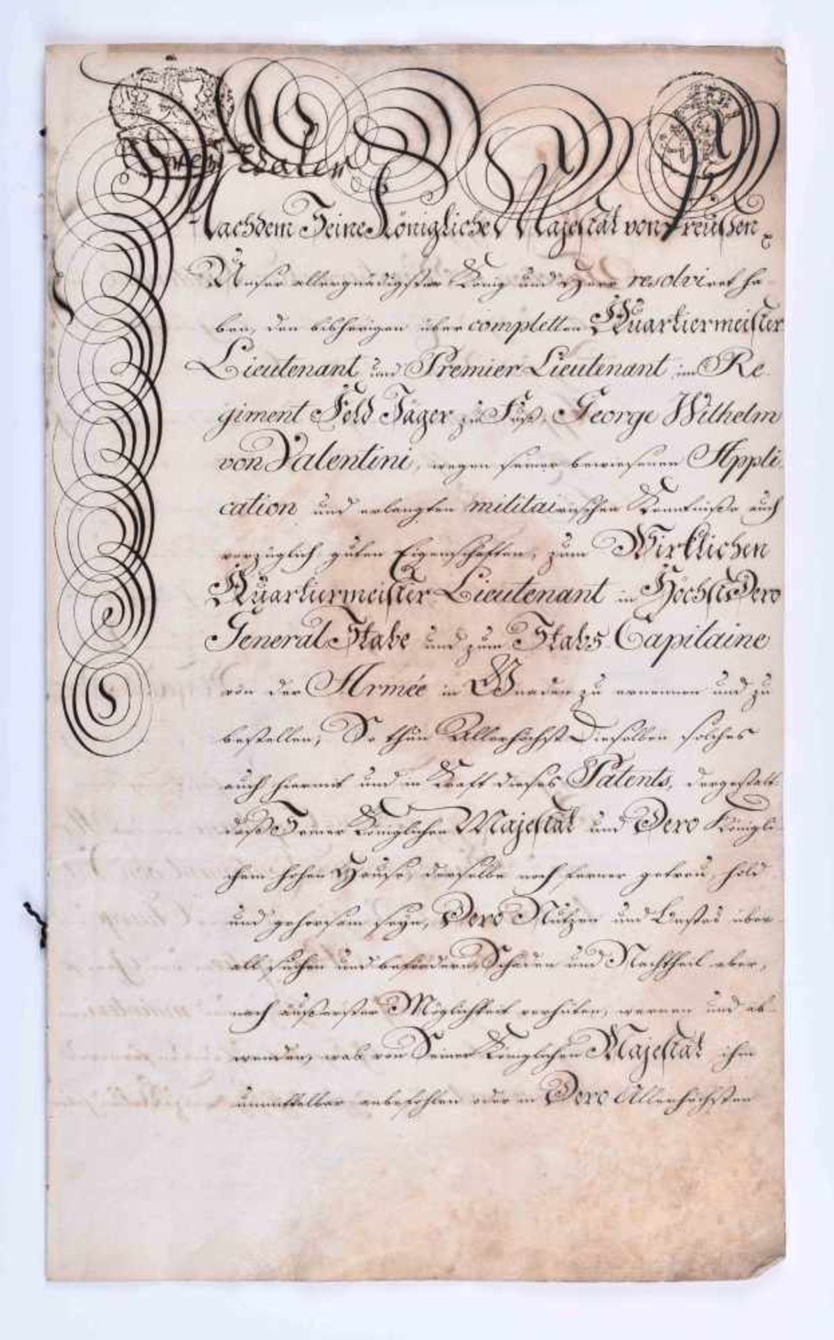 Offiziers-Patent für Valentini Stabs-CapitainePreussen, Offiziers-Patent für Georg Wilhelm von