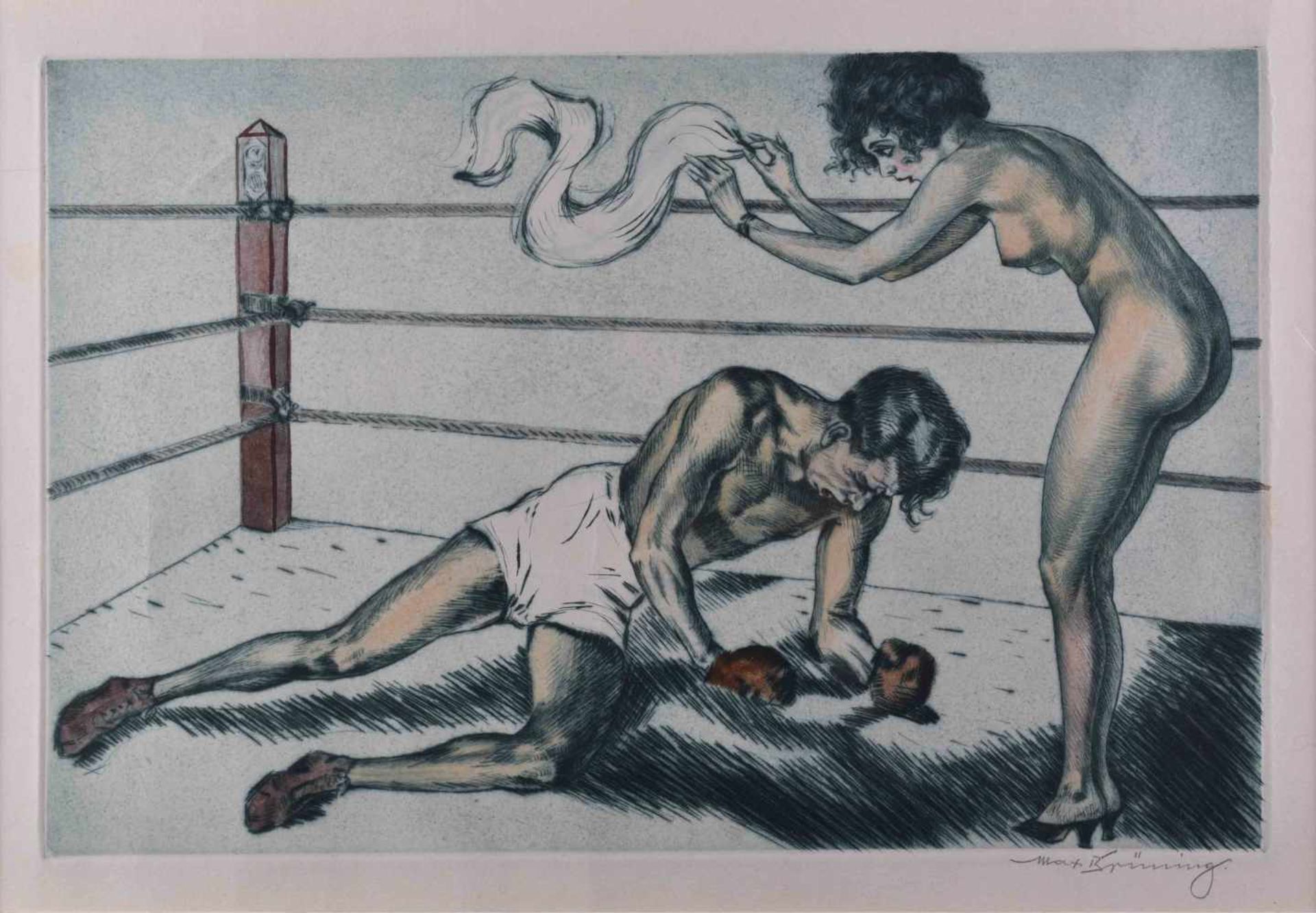 Max BRÜNING (1887-1968)"Barbusige junge Dame beim Luft Zuwedeln eines am Boden liegenden Boxers"