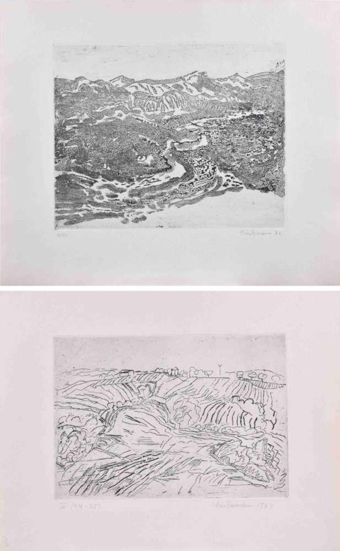 Rolf LINDEMANN (1933-2017)"Zwei Landschaften"2 Grafiken-Radierungen auf Bütten, 34 cm x 44 cm und 38