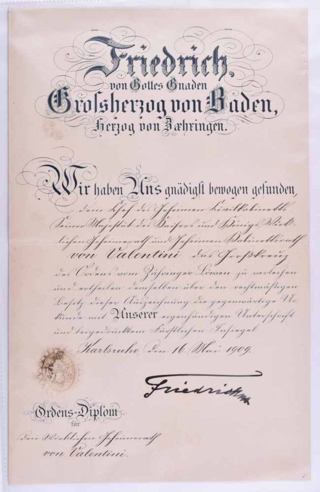 Verl.urk Gr.kr. des Ordens v. Zähringer Löwen 16. Mai 1909Die Verleihung des Großkreuzes des