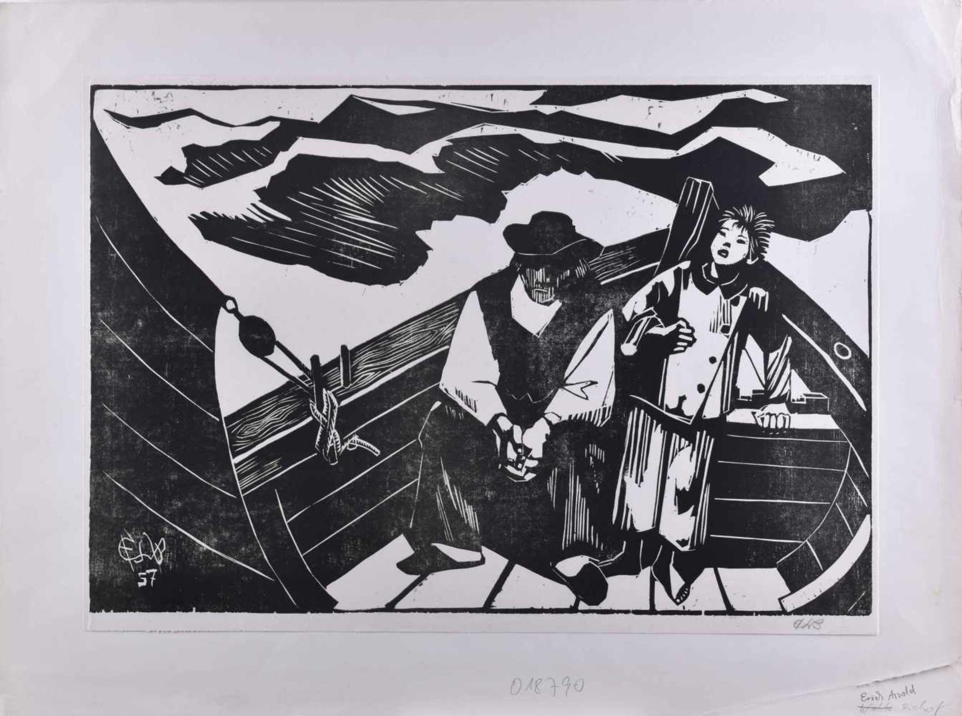 Erich Arnold BISCHOF (1899-1990)"Fischer im Boot"Grafik-Holzschnitt, Blattgröße 46 cm x 66 cm,rechts