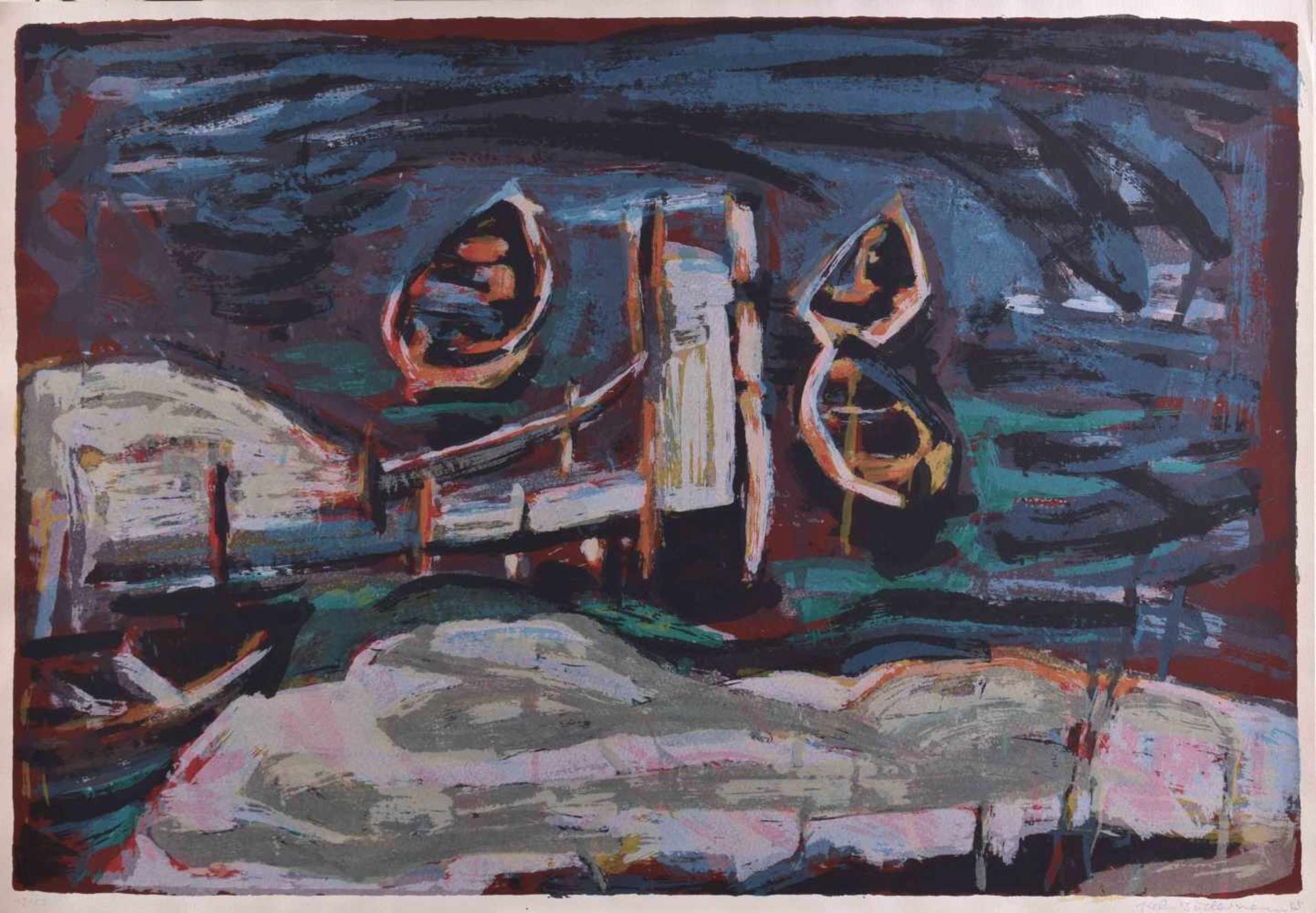 Helmut BIEDERMANN (1940)"An der Elbe"Grafik-Farbsiebdruck auf Bütten, Blattgröße 50 cm x 72 cm,