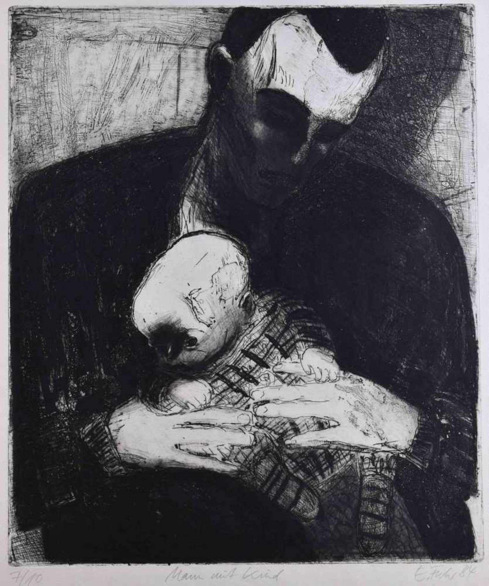 Ellen FUHR (1958-2017)"Mann mit Kind"Grafik-Aquatintaradierung auf Bütten, Blattgröße 73 cm x 60