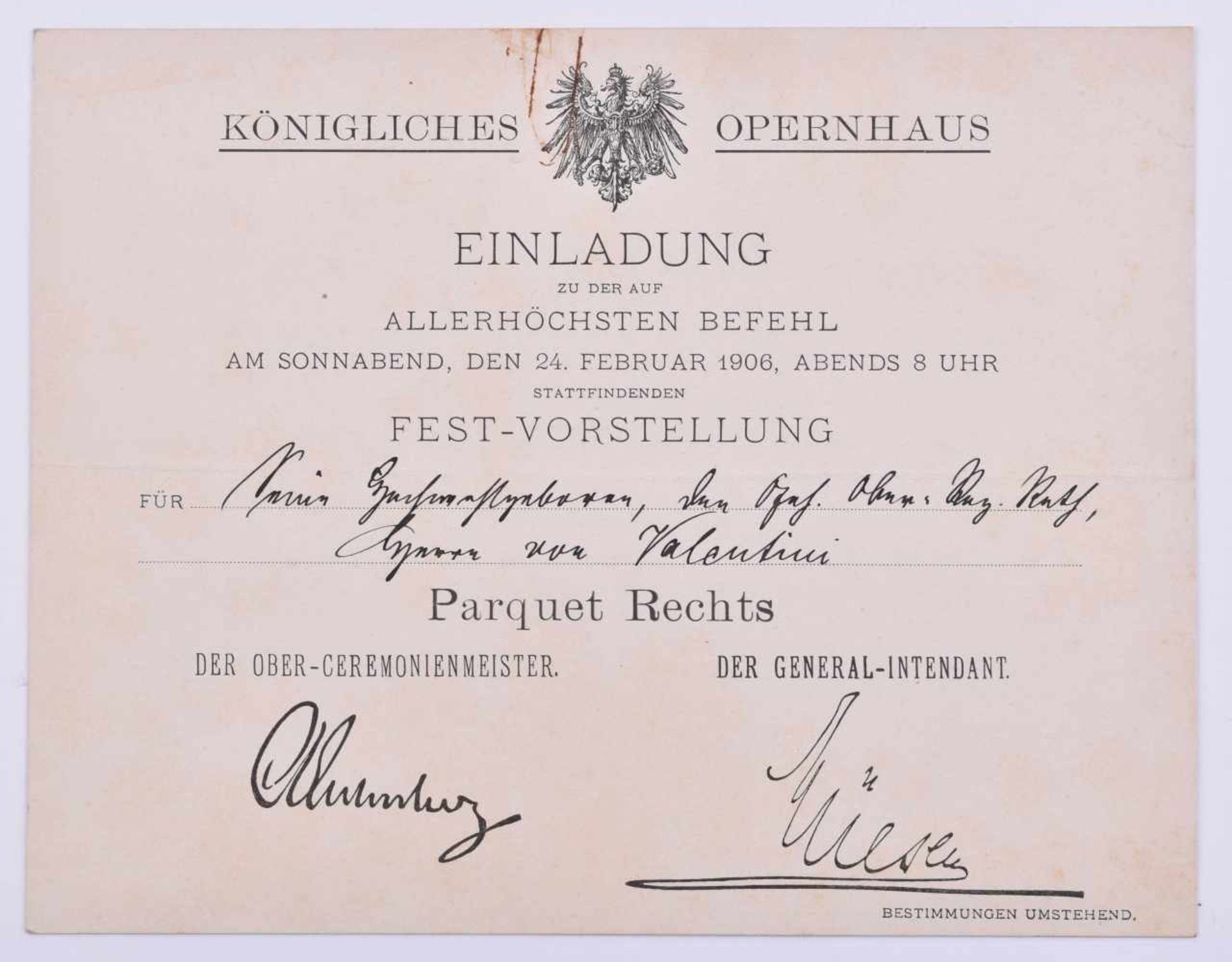Einladung zur Festvorstellung ins Opernhaus 24.02.1906Einladung, anlässlich der Hochzeit des Prinzen