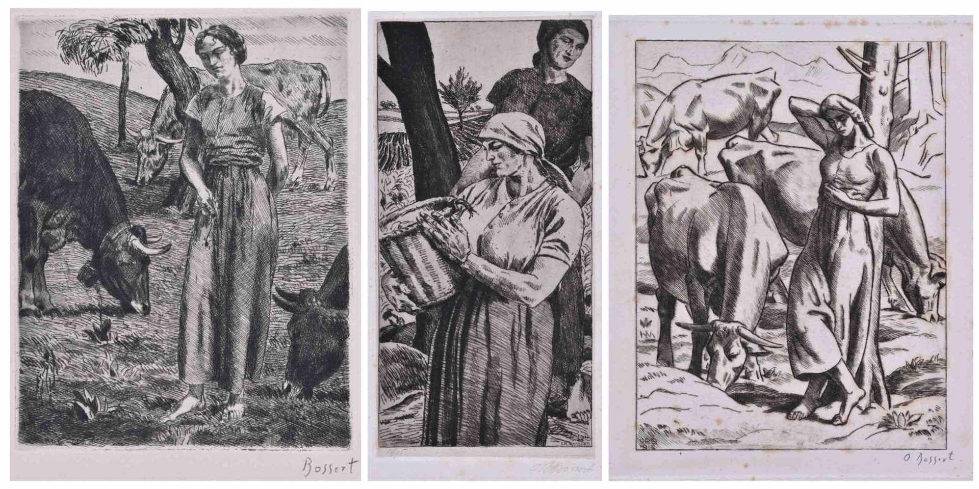 Otto Richard BOSSERT (1874-1919)"Ohne Titel"3 Grafiken, Radierungen, 19,5 cm x 14,7 cm, 27,5 cm x
