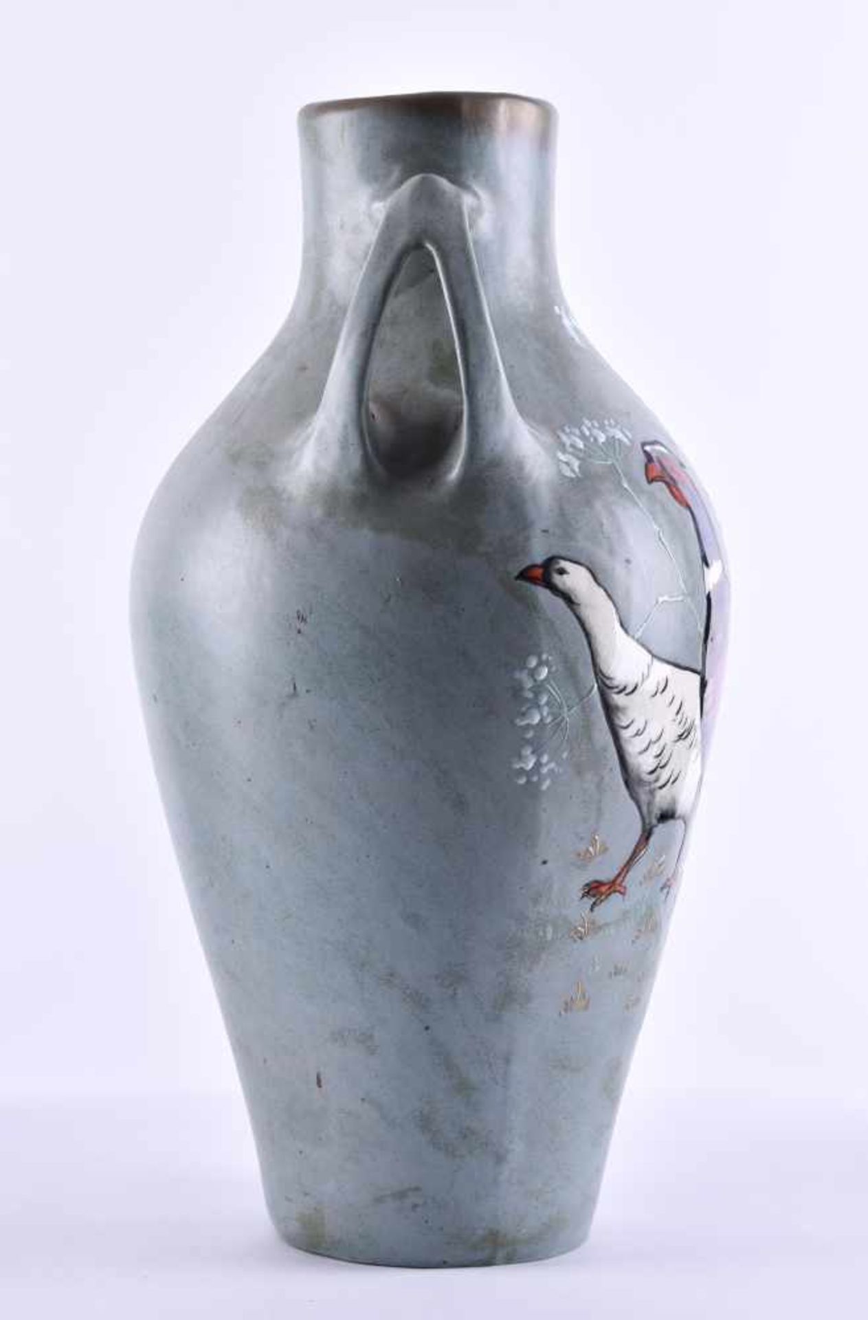 Large handle vase Amphora Turn Teplitz around 1900on the show side with floral and bird enamels - Bild 2 aus 7
