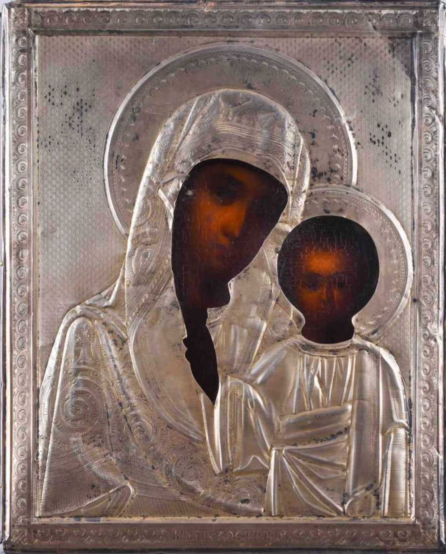 Icon Russia 19th centurywith silver ornaments gildet, mother of Kasan", egg tempera on wood,