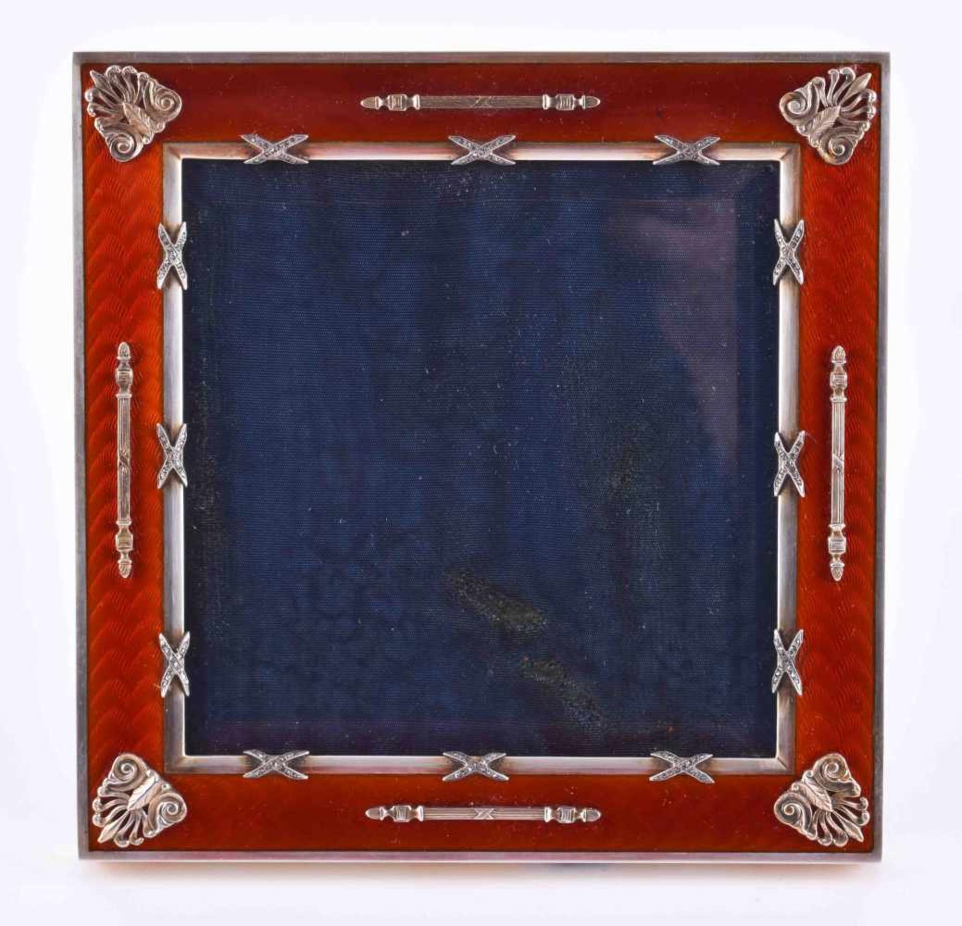 Cloisonne picture frame Russiared enamel on wavy guilloche background, set in silver gold-plated