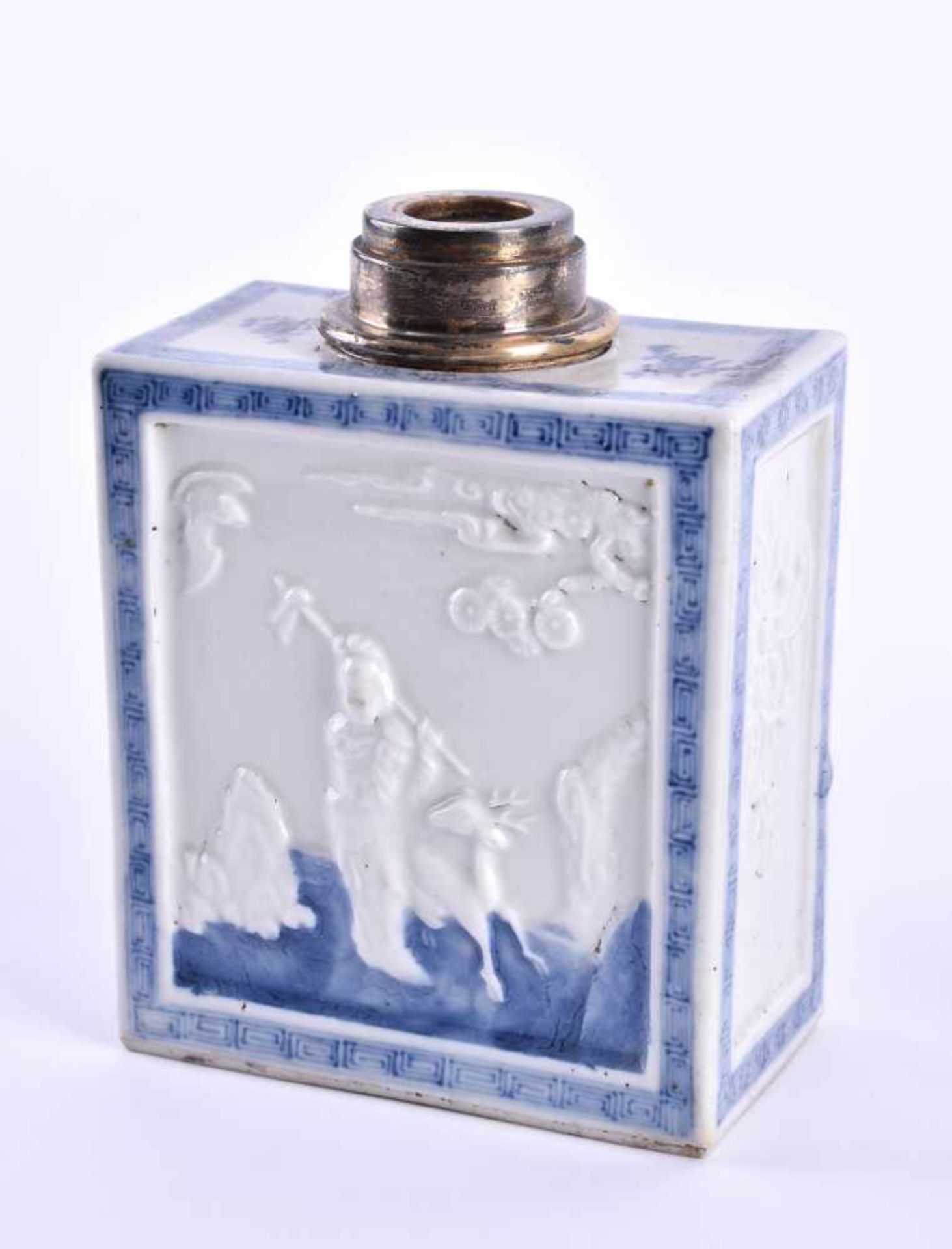 Tea box China Qing period, Kangxiwith blue and white painting, spout with silver mounting,