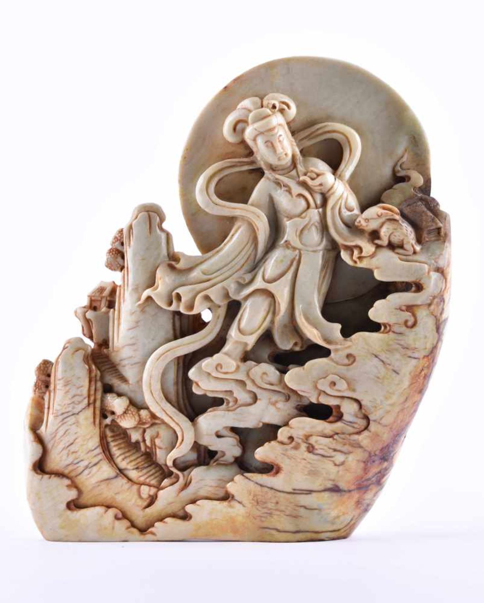 Large jade carving China Republic periodfinely carved on the front and back, standing on a wooden - Image 3 of 6