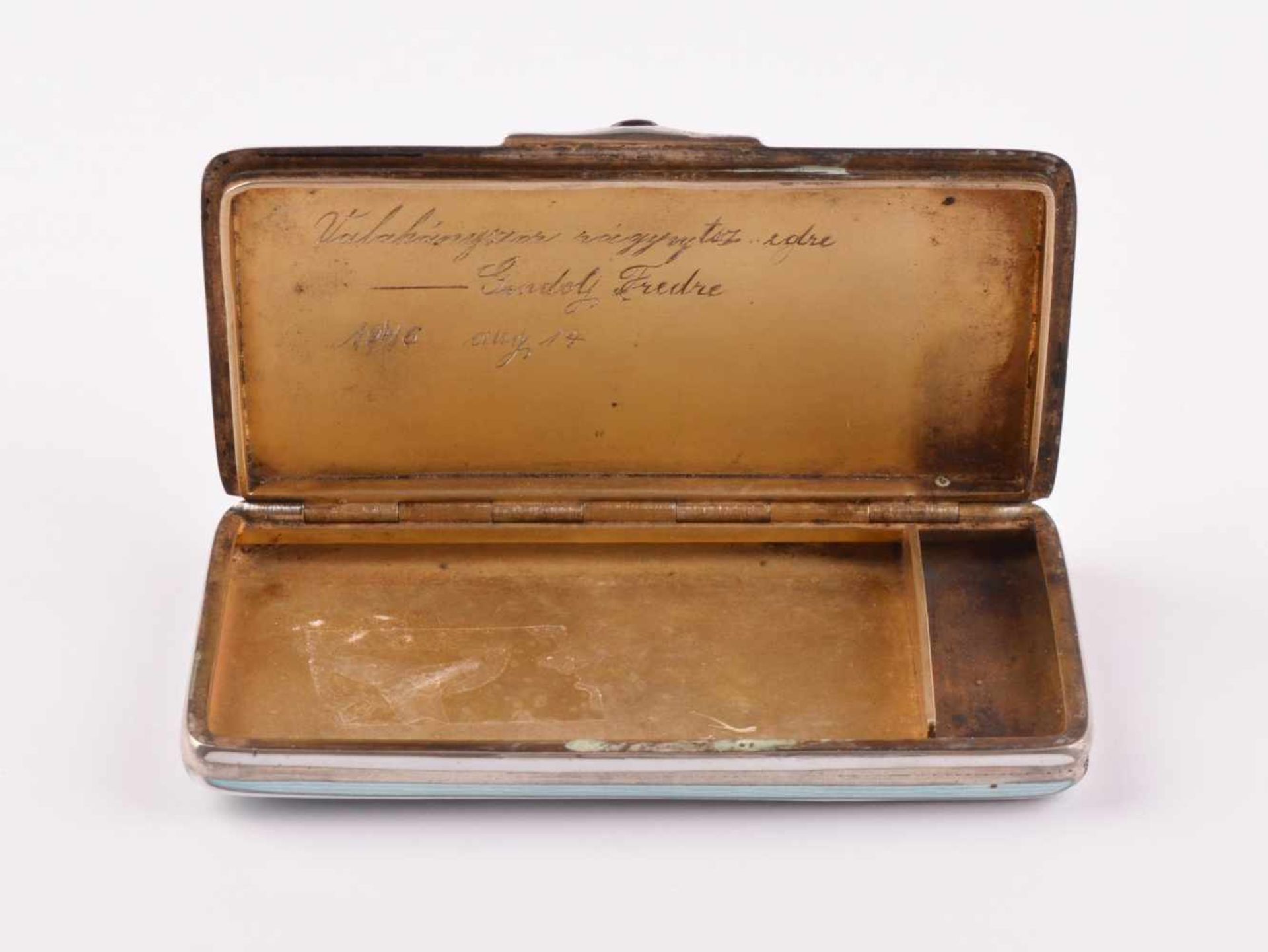 Enamel silver box France around 1900enameled on both sides with white and mint stripes, ruby ?? - Image 3 of 5