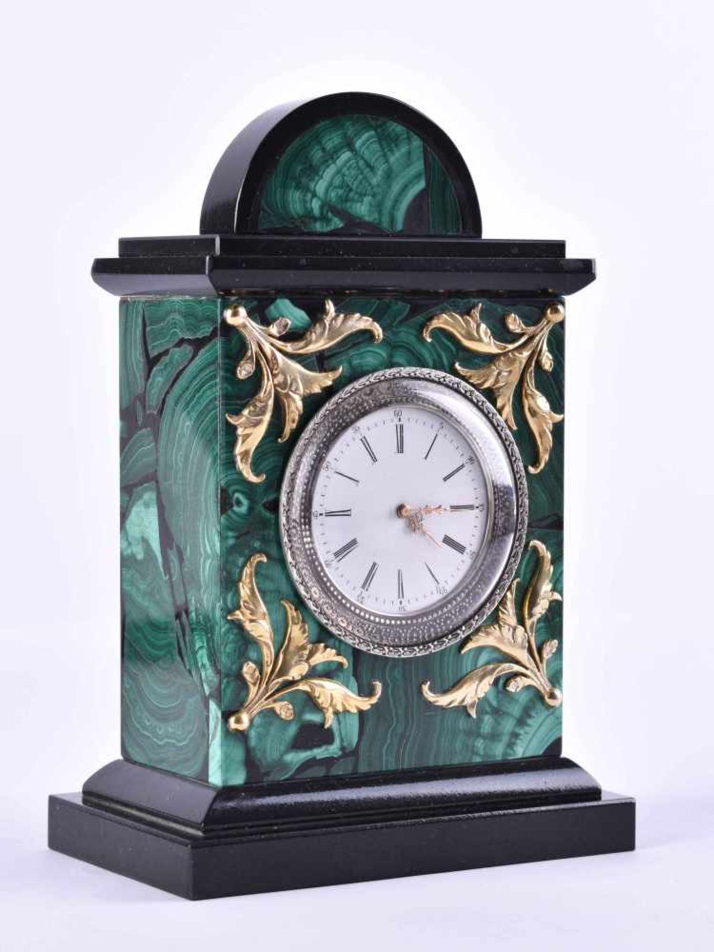 Table clock Russiamalachite case decorated with gold-plated silver applications, silver 88 Zolotnik,