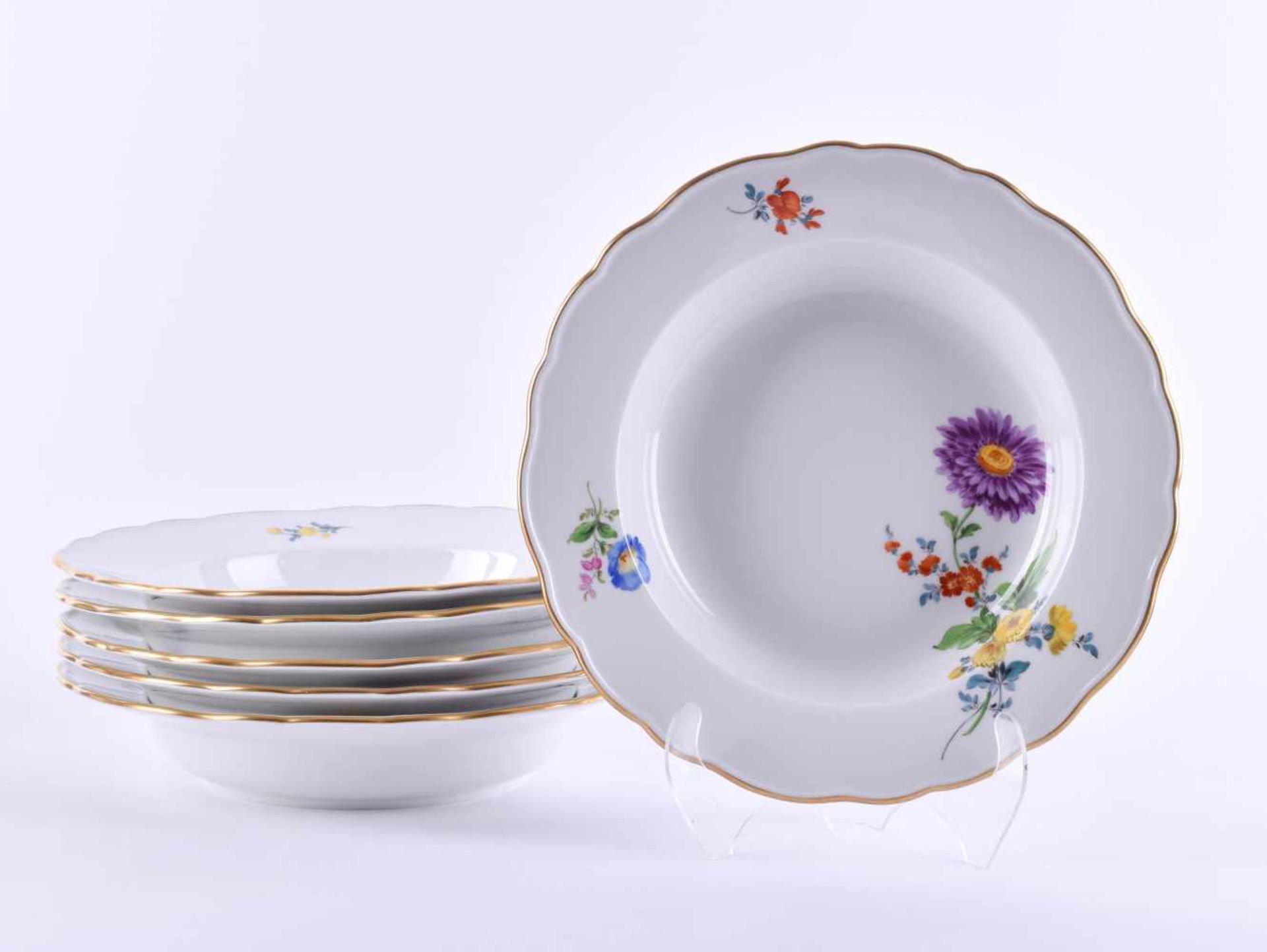 6 soup plates Meissencolored and gold painted, with decor German flower bouquet, blue sword mark,