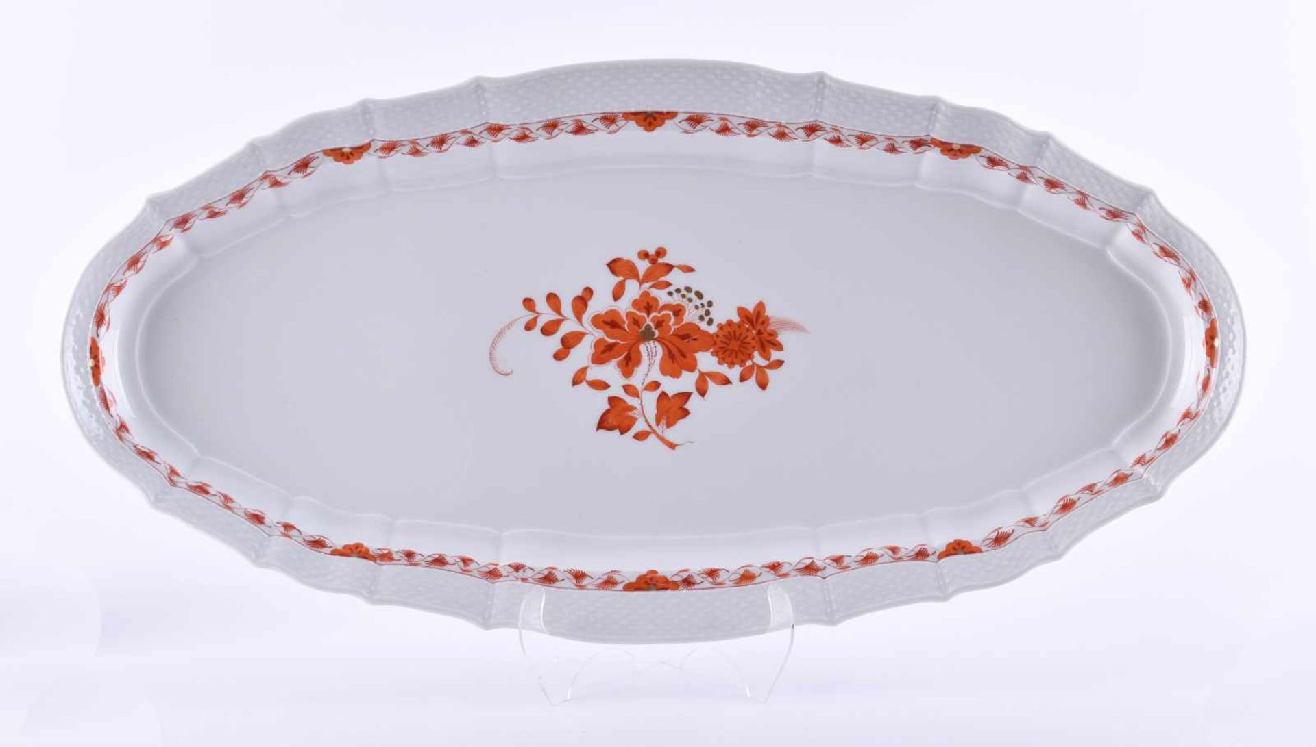 Pike plate Meissen Pfeifferzeitpolychrome painting with decor Indian red, relief border, 1st choice,
