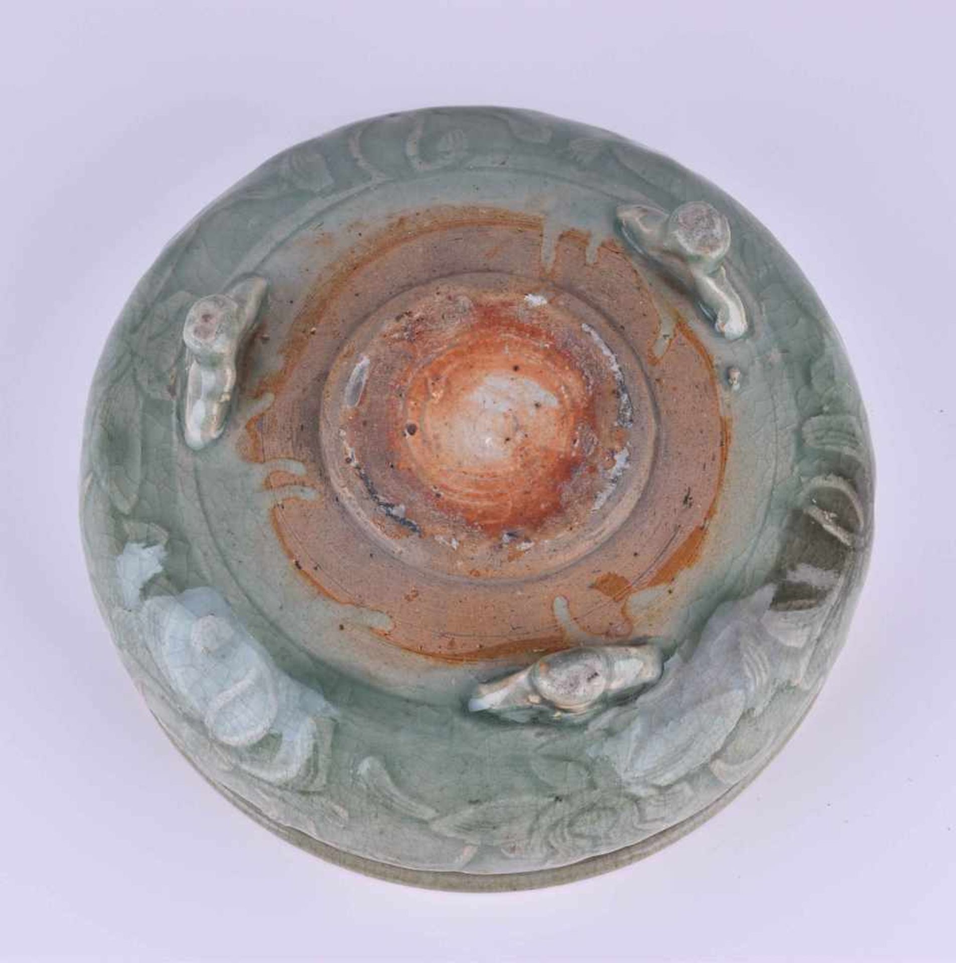 Celadon bowl China Ming periodceladon glaze, all around decorated with reliefed floral decoration, - Image 5 of 5