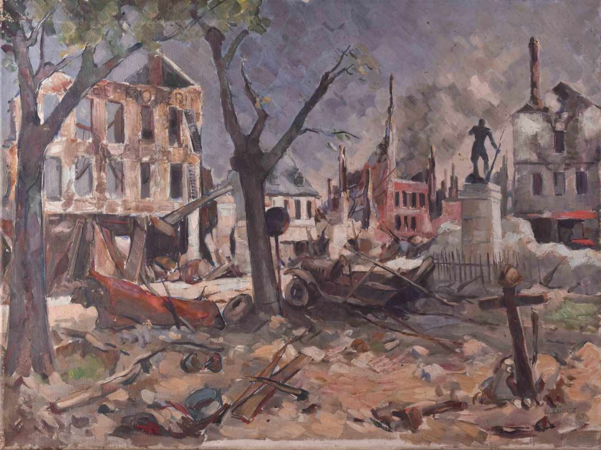W. LÜKGE 20th century"French city after bombing"paintings oil / canvas, 60 cm x 80 cm,signed and