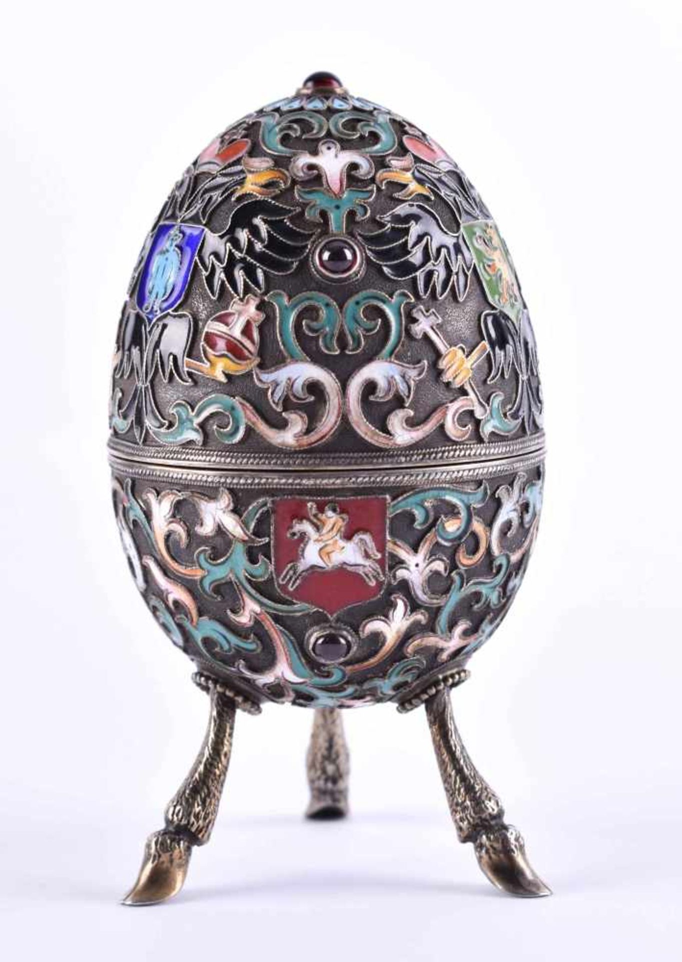 Cloisonne egg Russiasilver 84 Zolotnik, set with grenades, standing on 3 feet in the form of hooves, - Bild 2 aus 7