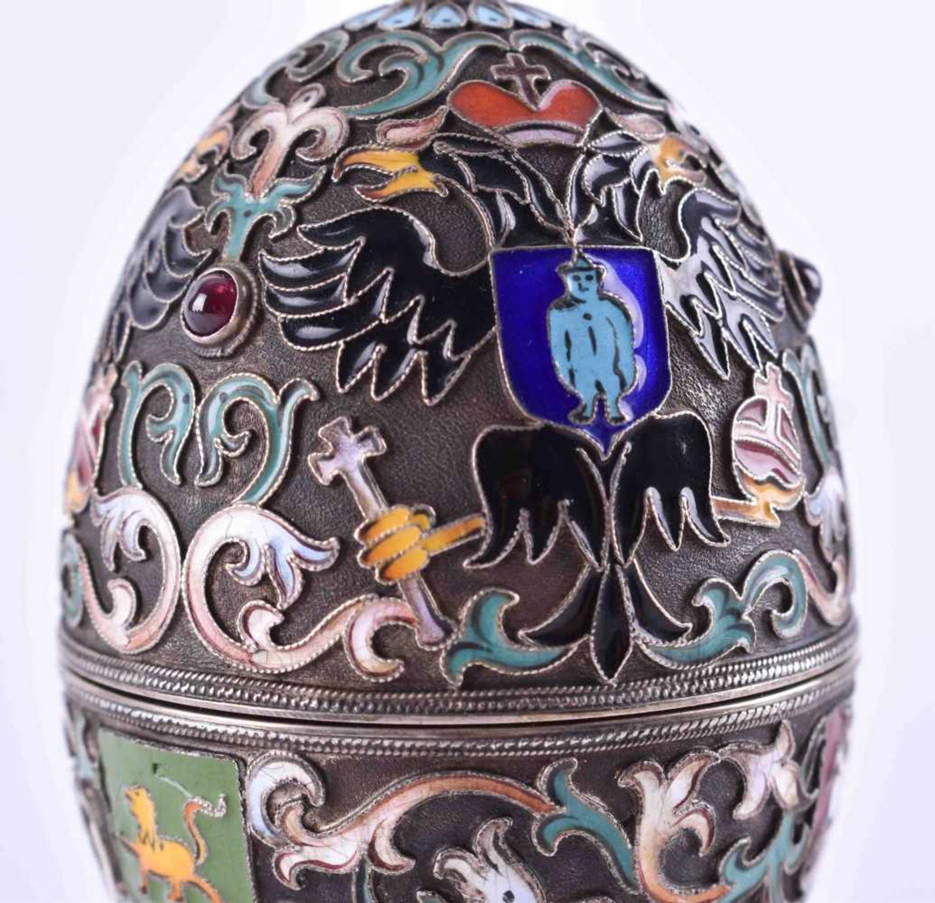 Cloisonne egg Russiasilver 84 Zolotnik, set with grenades, standing on 3 feet in the form of hooves, - Bild 4 aus 7