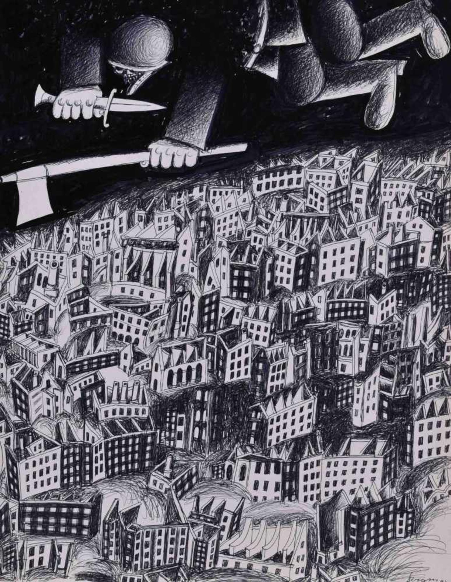 Herbert BERGMANN-HANNAK (1921-2013)"Angst über der Stadt"drawing felt-tip pen / ink, 38 cm x 29.5