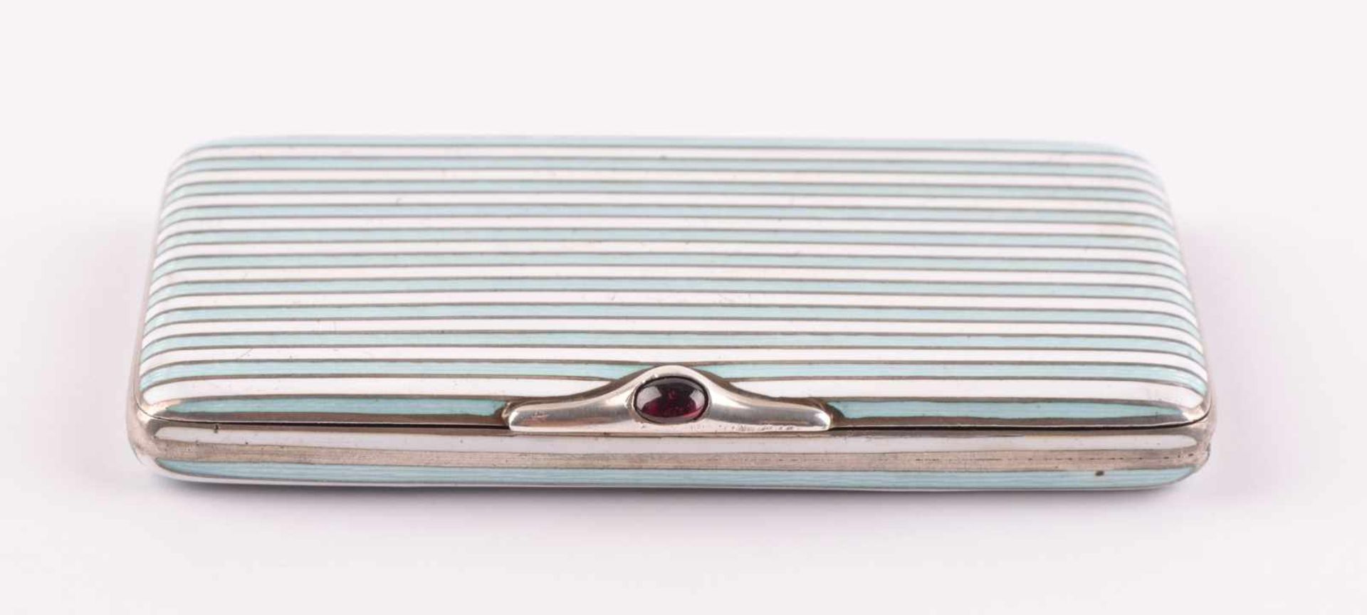 Enamel silver box France around 1900enameled on both sides with white and mint stripes, ruby ??