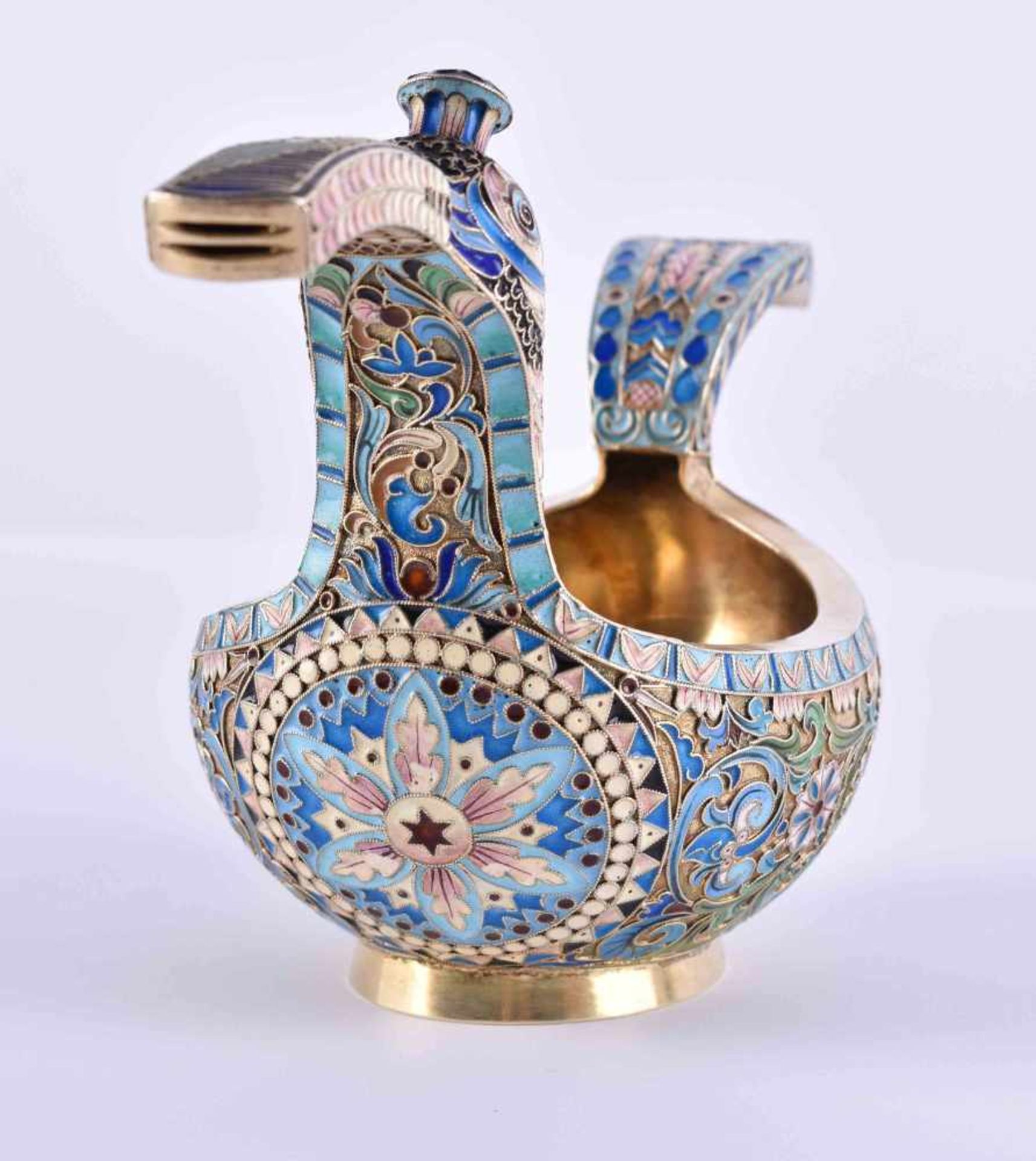 Cloisonne kovsch Russiasilver 84 Zolotnik, gilded inside, cyrillic master hallmark, 12 cm x 21.5 - Bild 3 aus 5