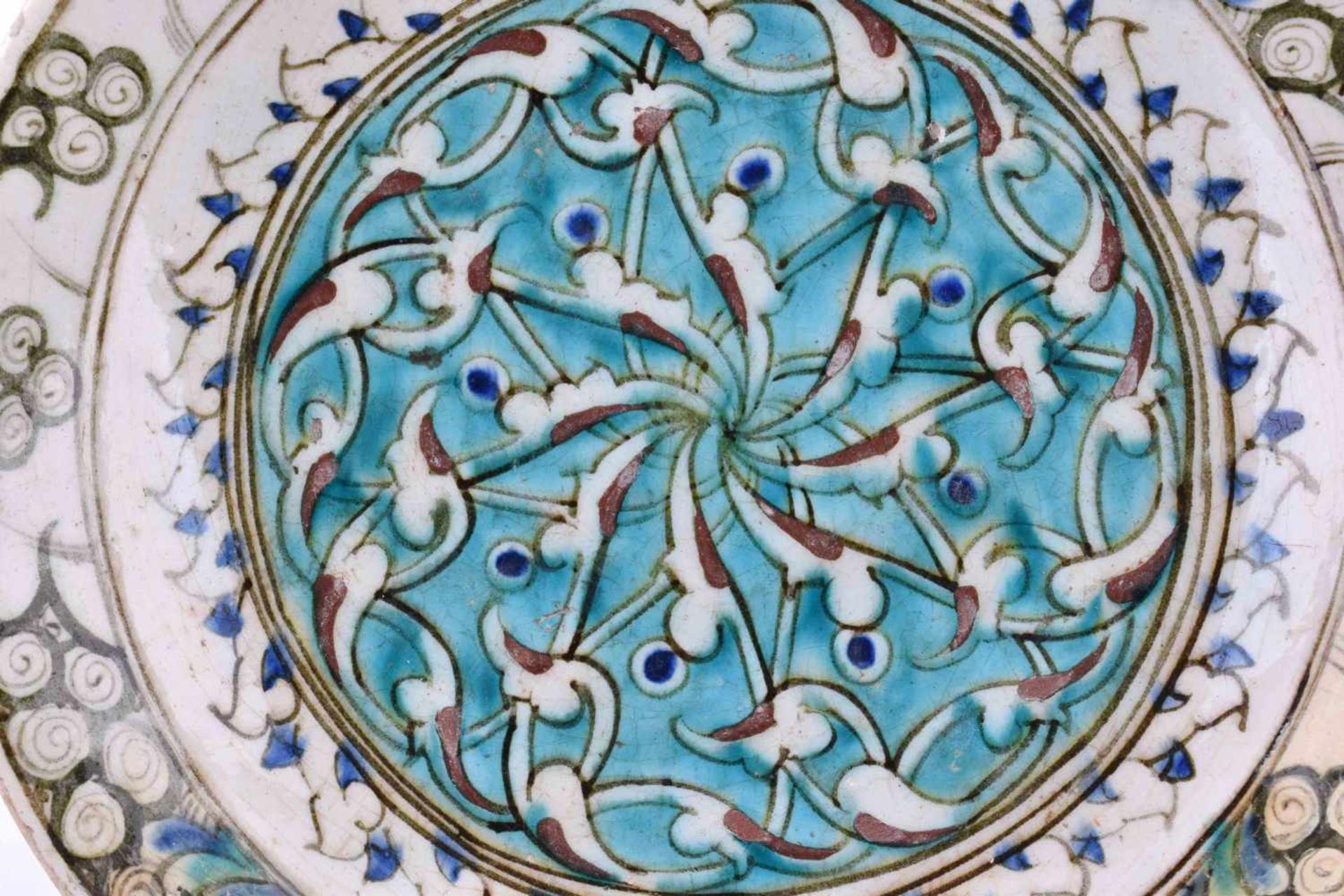 Iznik ceramic plate 17th centurycolored decorated, glazed restored, Ø 30.2 cmIznik Keramikteller 17. - Image 2 of 5